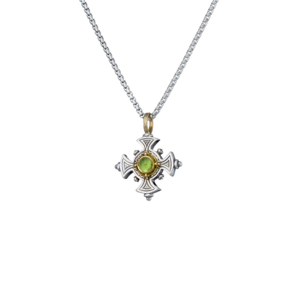 Cyclades cross in sterling silver with 18K Gold details and semi precious stone