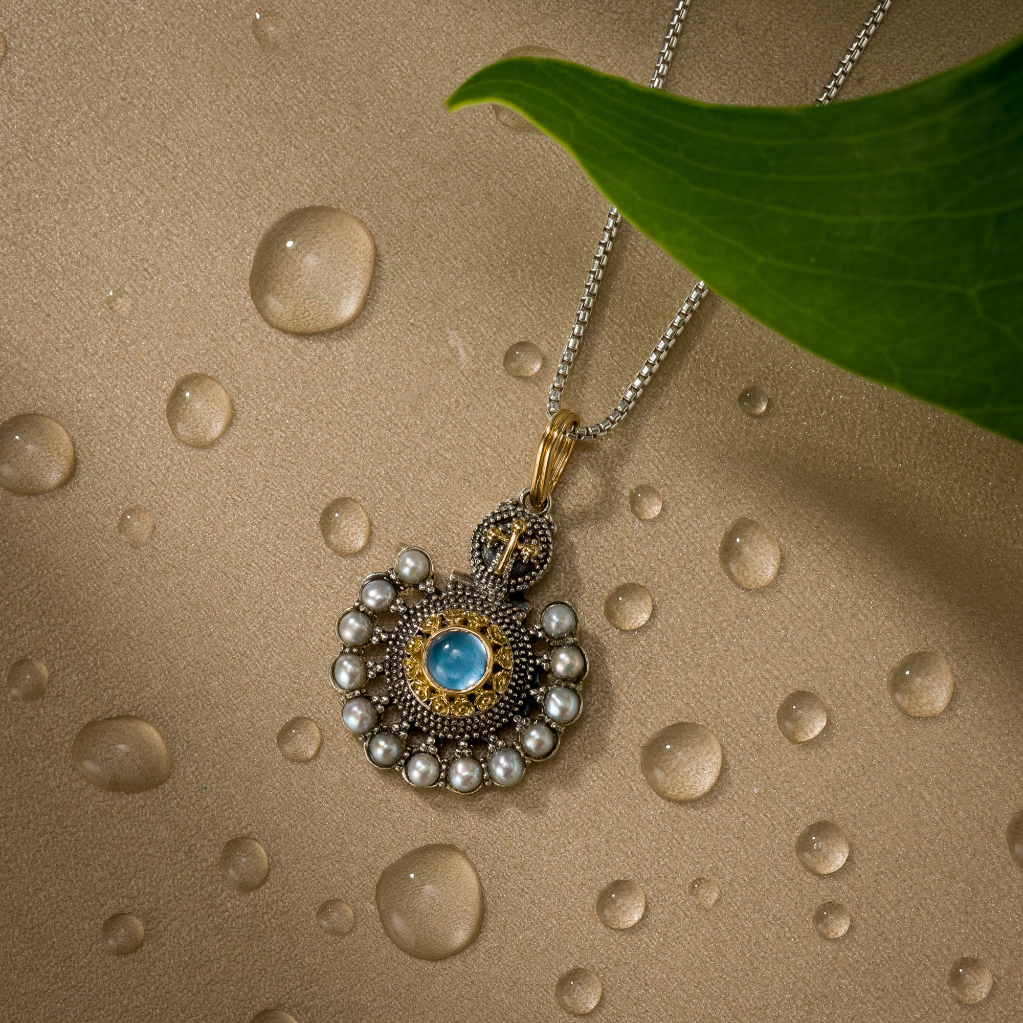 Athenian Flower Peacock Pendant in 18K Gold and sterling silver with aquamarine