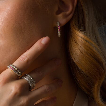 Kassandra Hoops earrings in 18K Gold and Sterling Silver with rubies - Image 2