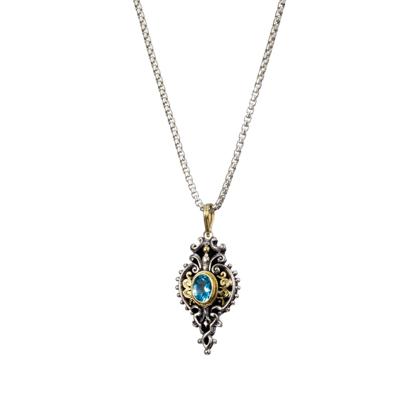 Byzantine pendant in 18K Gold and Sterling Silver with blue topaz