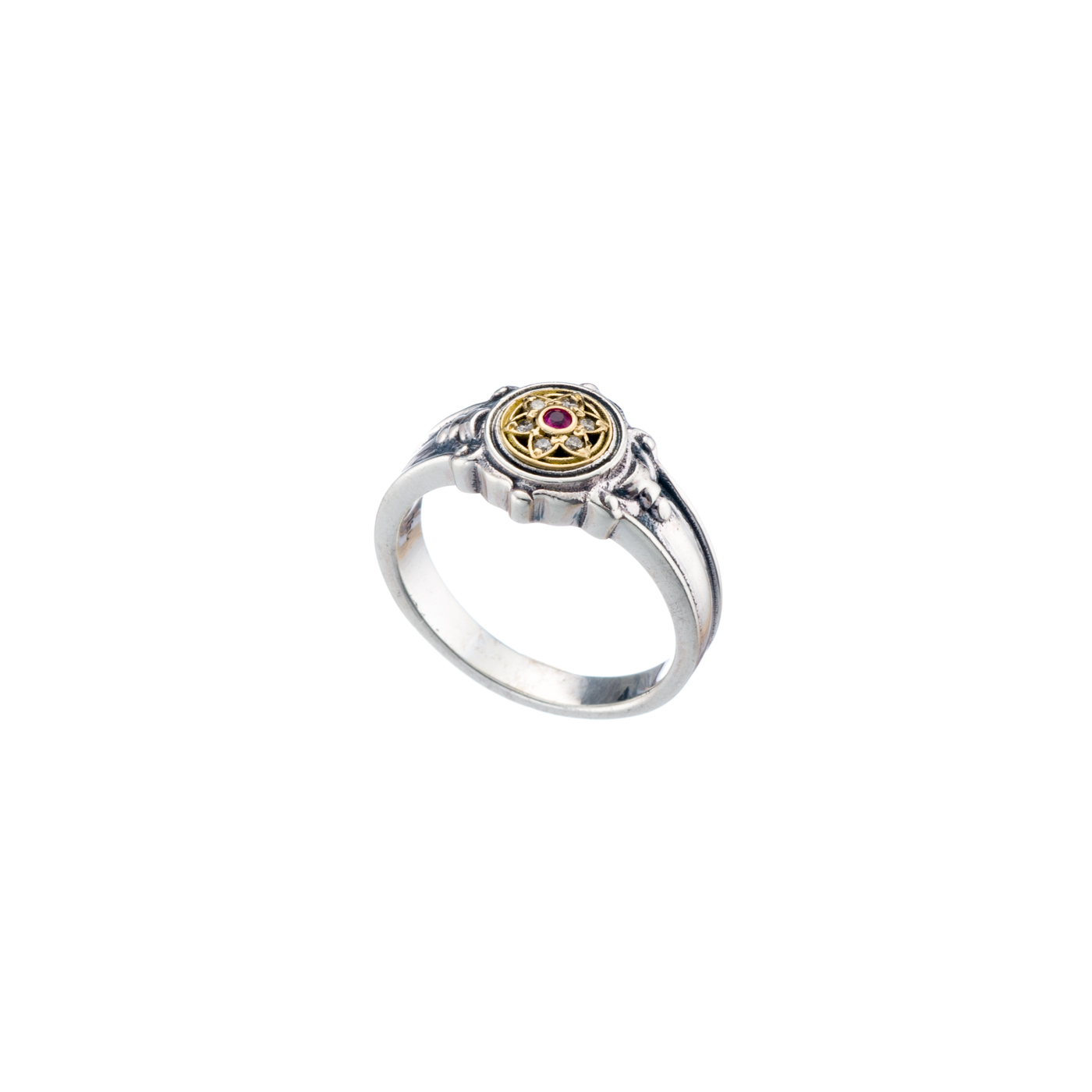 Symbol ring in 18K Gold and Sterling silver with precious stones