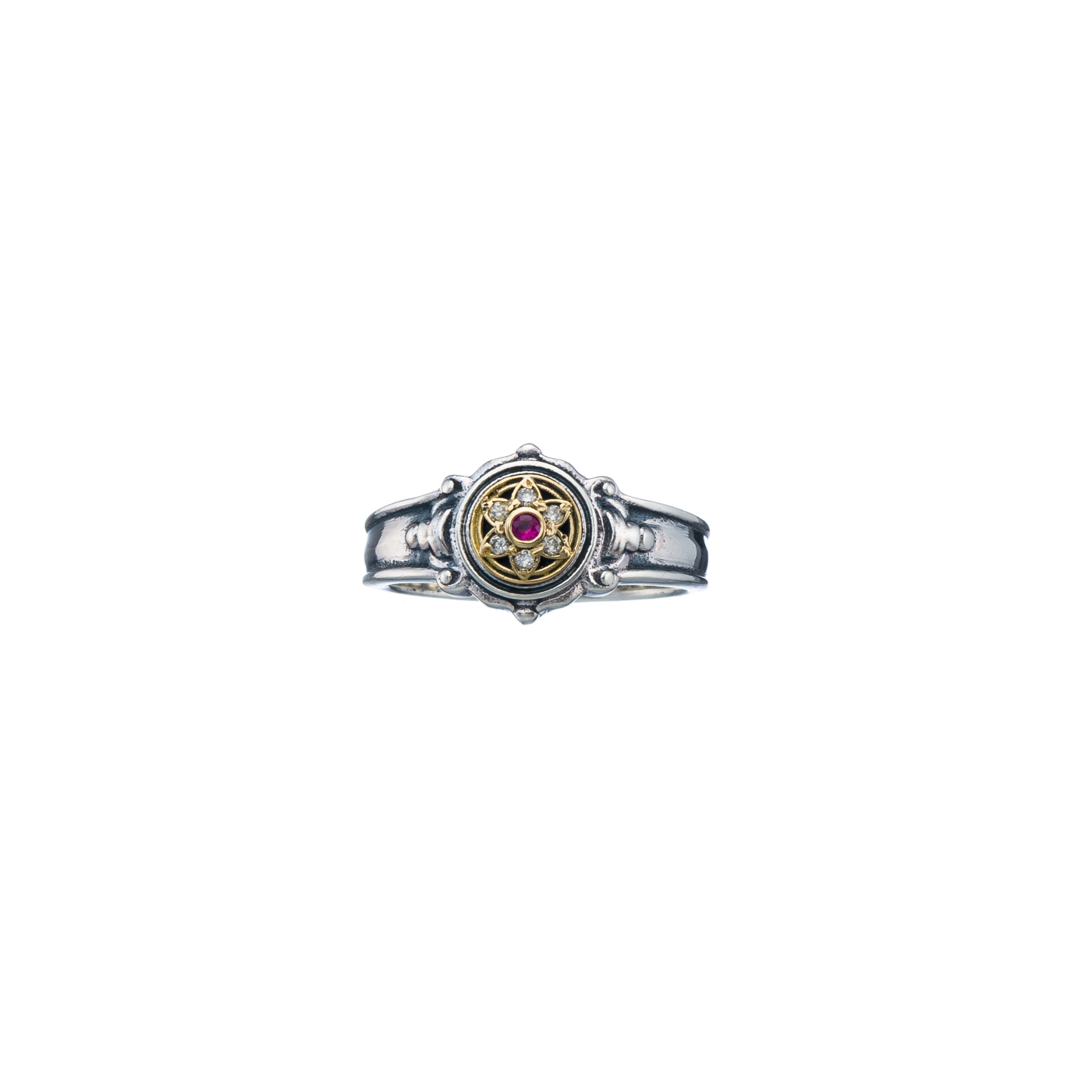 Symbol ring in 18K Gold and Sterling silver with precious stones