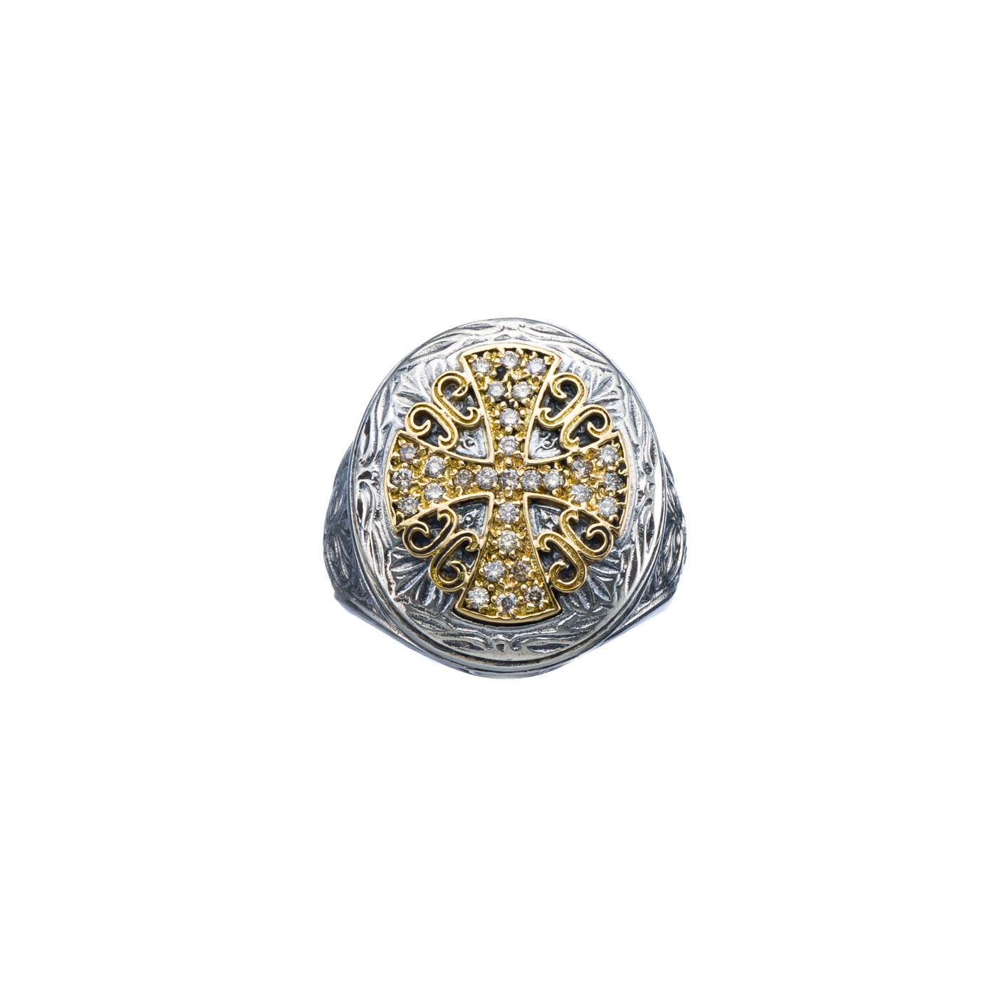 Ring oval with cross in 18K Gold and Sterling Silver with Brown Diamonds