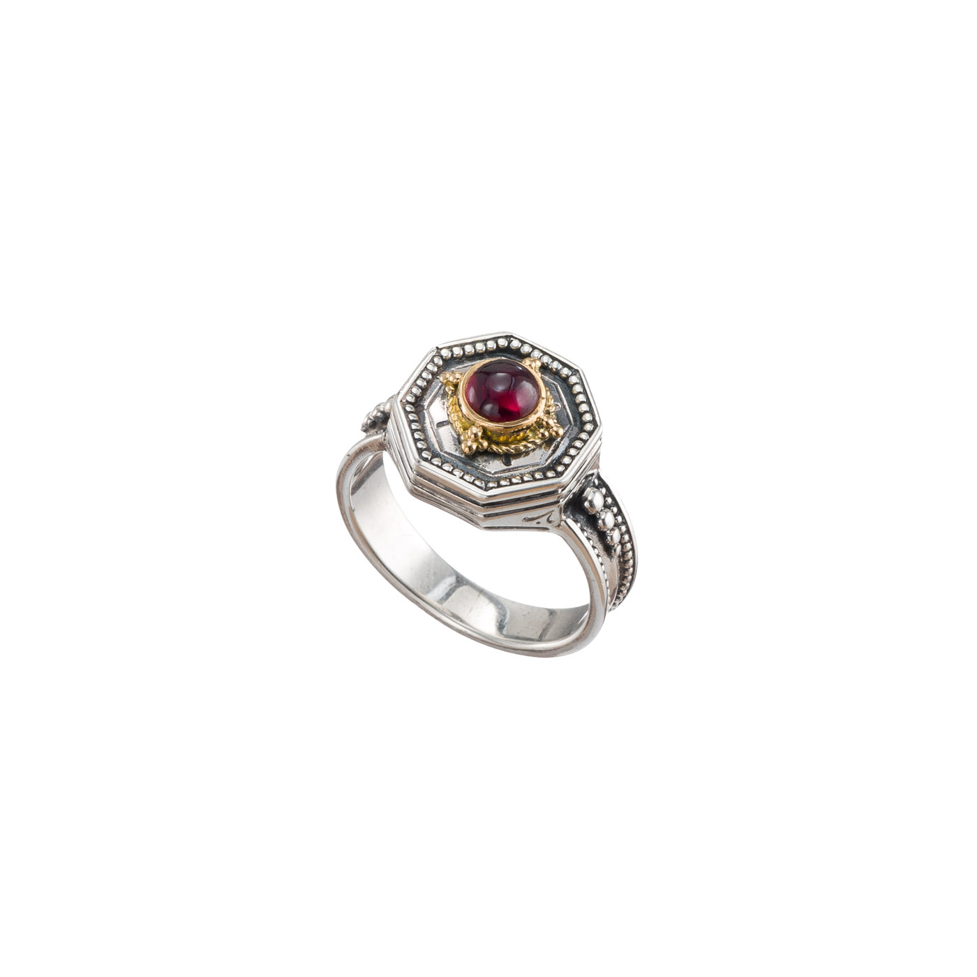 Cyclades polygon ring in 18K Gold and Sterling silver with garnet
