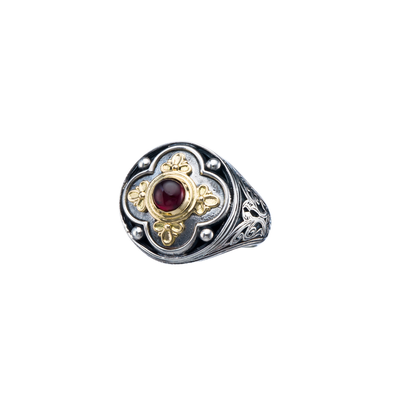 Athenian Flower Ring in 18K Gold and Sterling Silver with garnet