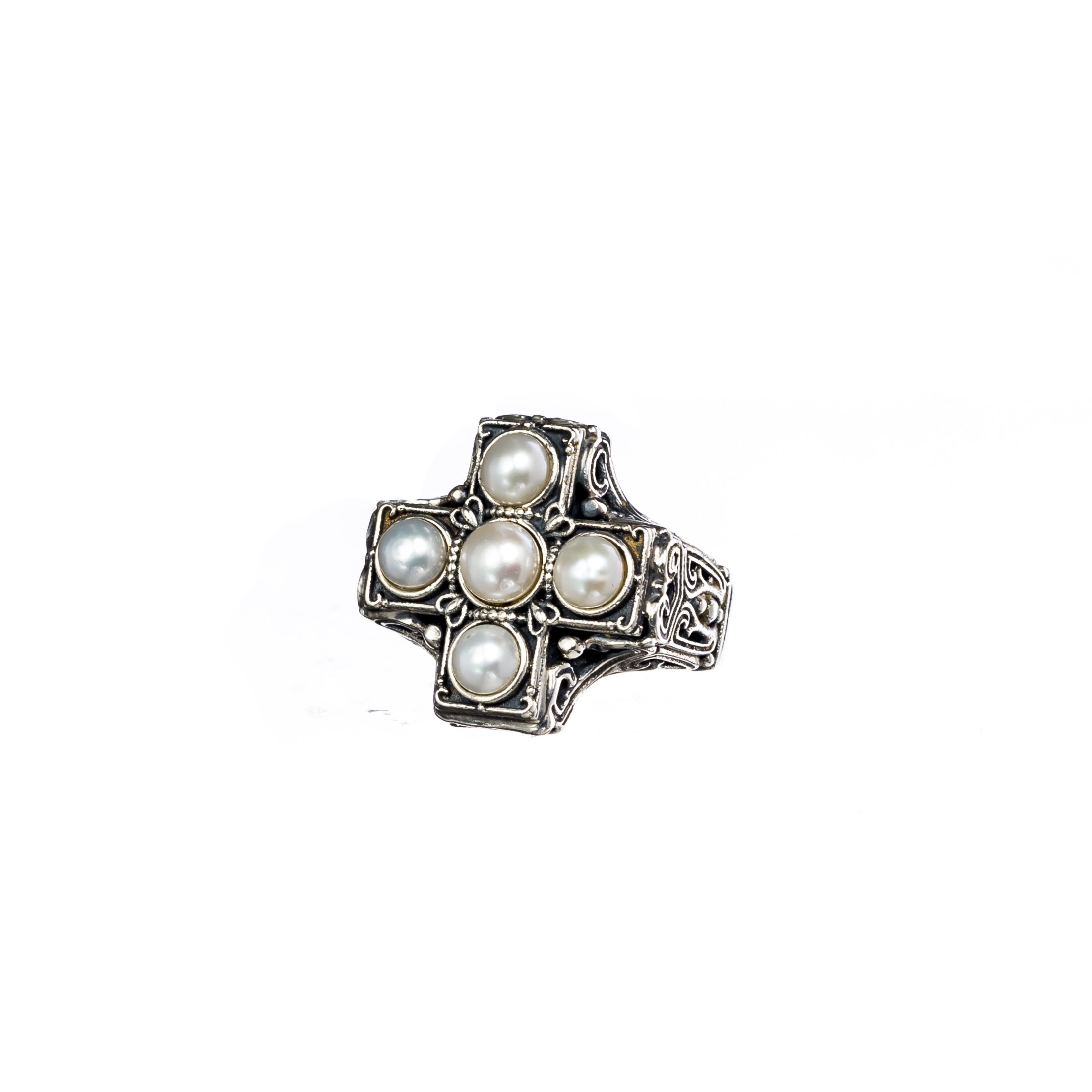 Santorini cross Ring in Sterling Silver with pearls