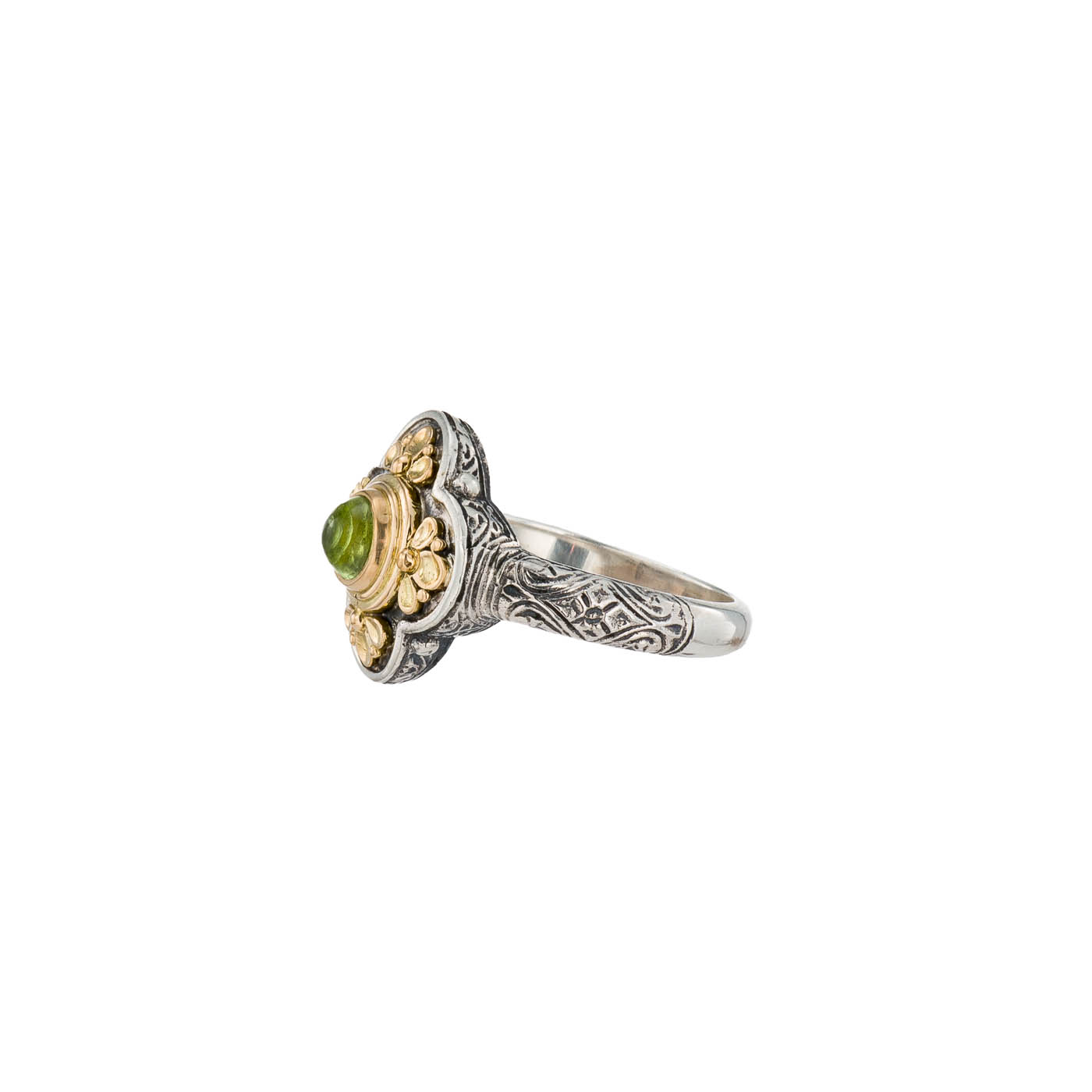 Athenian flower ring in 18K Gold and Sterling silver with peridot