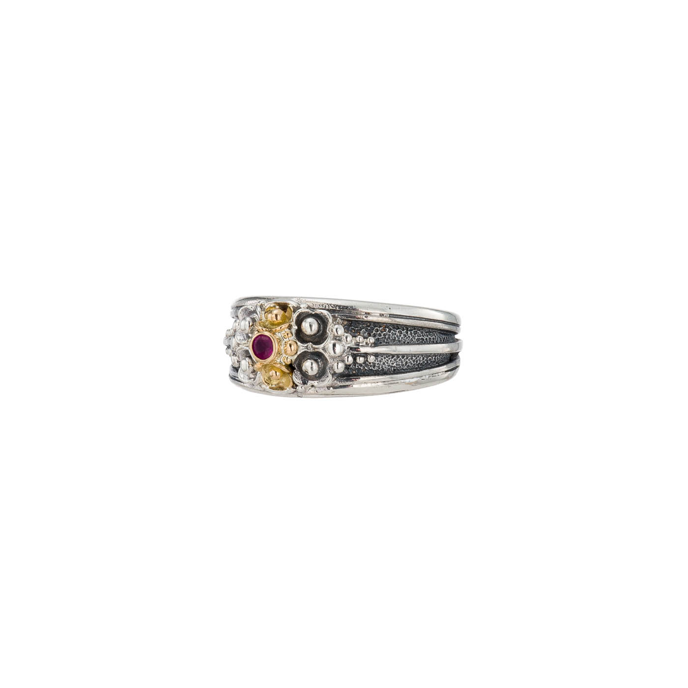 Kassandra flower ring in 18K and Sterling Silver with ruby