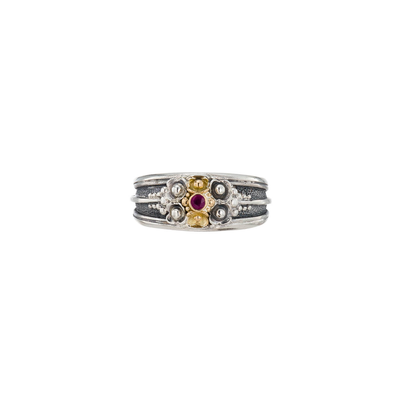 Kassandra flower ring in 18K and Sterling Silver with ruby