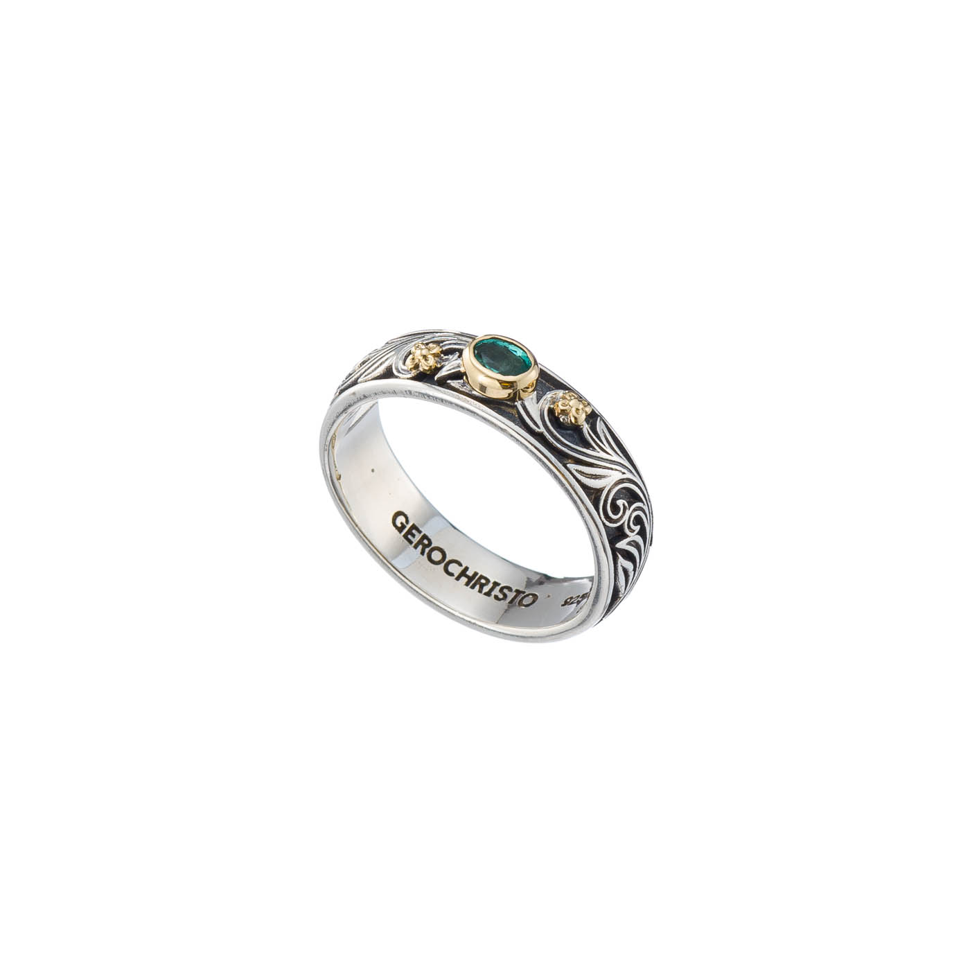 Floral band ring in 18K Gold and Sterling Silver with Gemstone