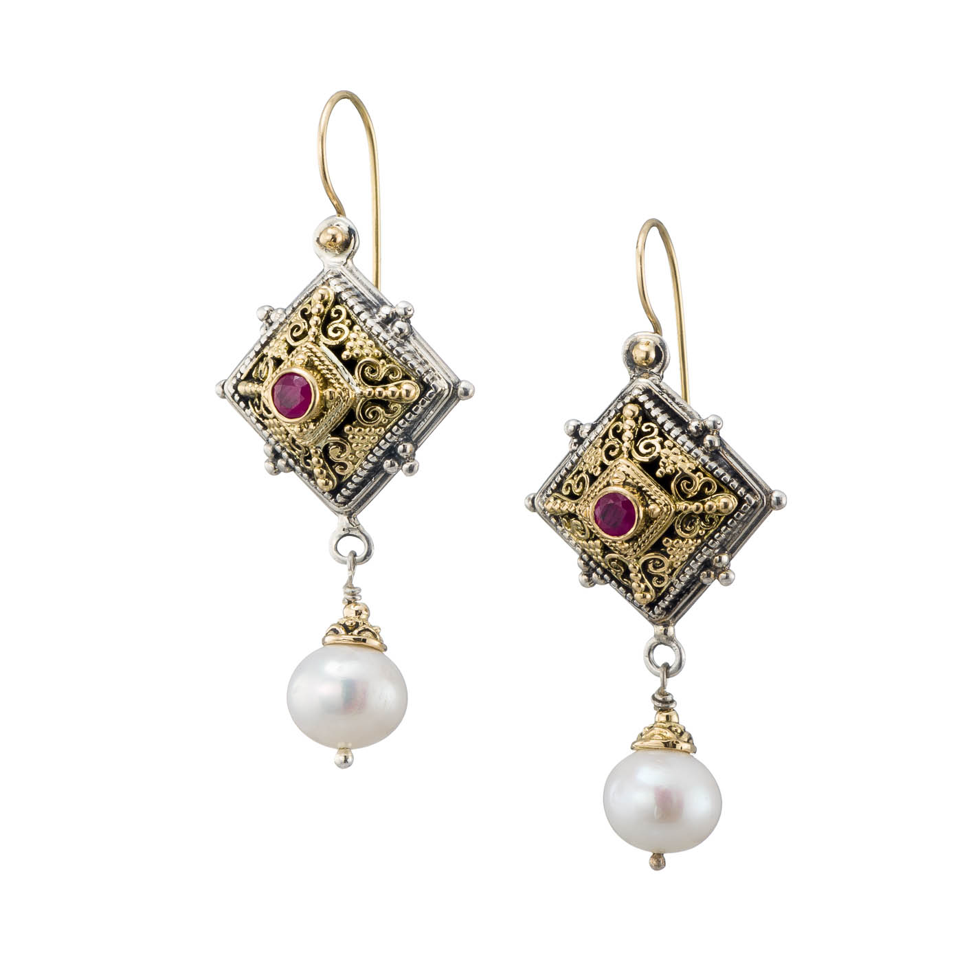 Byzantine long earrings in 18K Gold and sterling silver with ruby