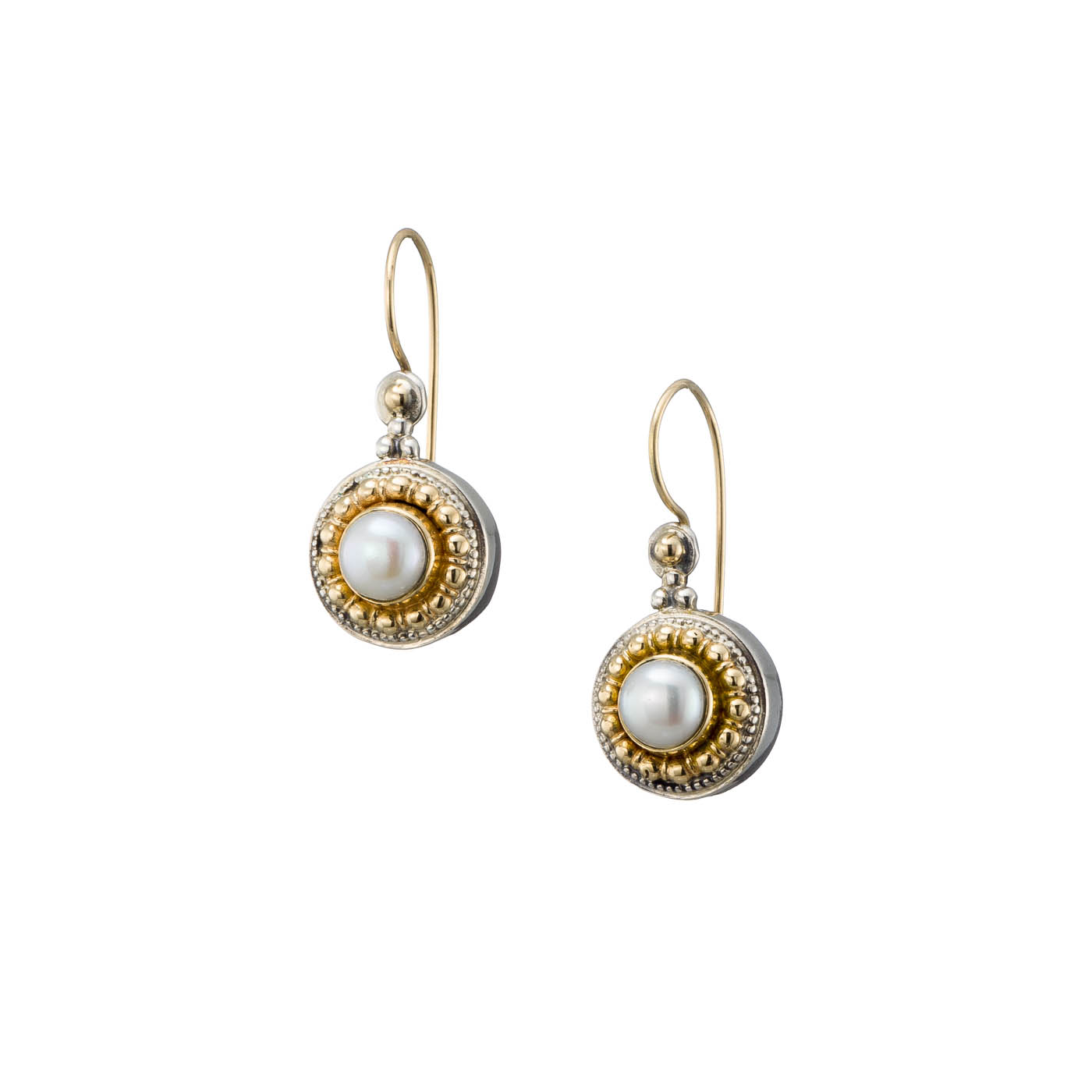 Athenian flowers round earrings in 18K Gold and sterling silver with pearls