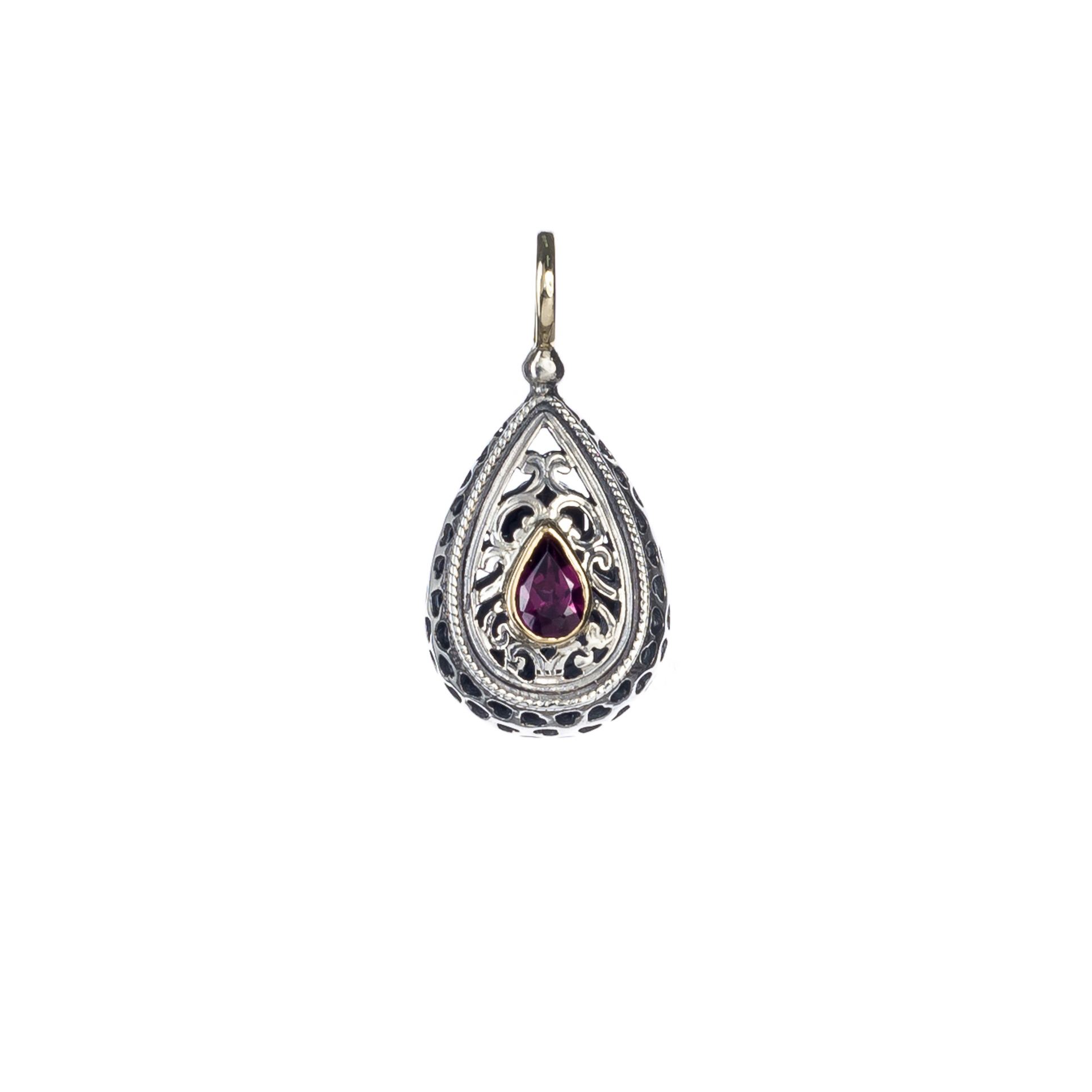 Garden shadows drop pendant in 18K Gold and Sterling Silver with rhodolite