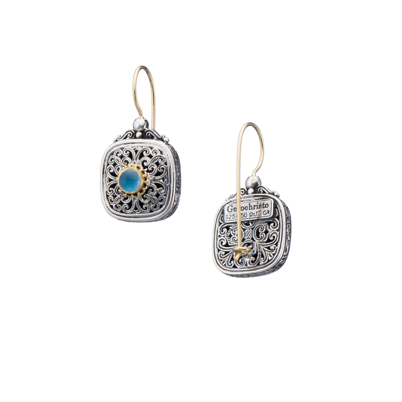 Mediterranean small square earrings in 18K Gold and sterling silver with aqua spinel