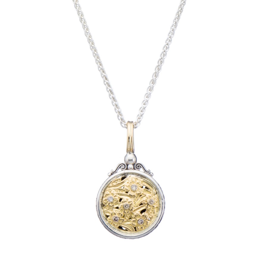 Harmony round pendant in 18K Gold and Sterling silver with brown diamonds