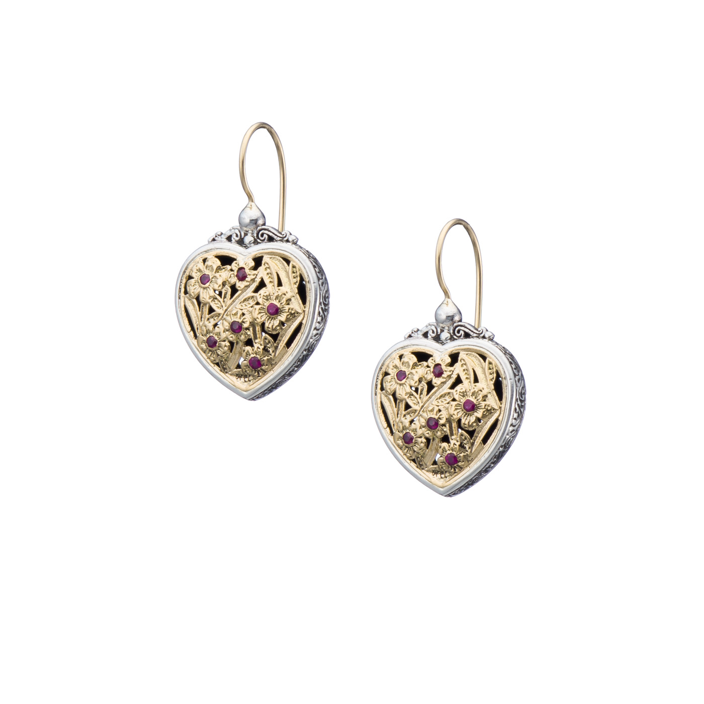 Harmony Heart earrings in 18K Gold and Sterling silver with rubies