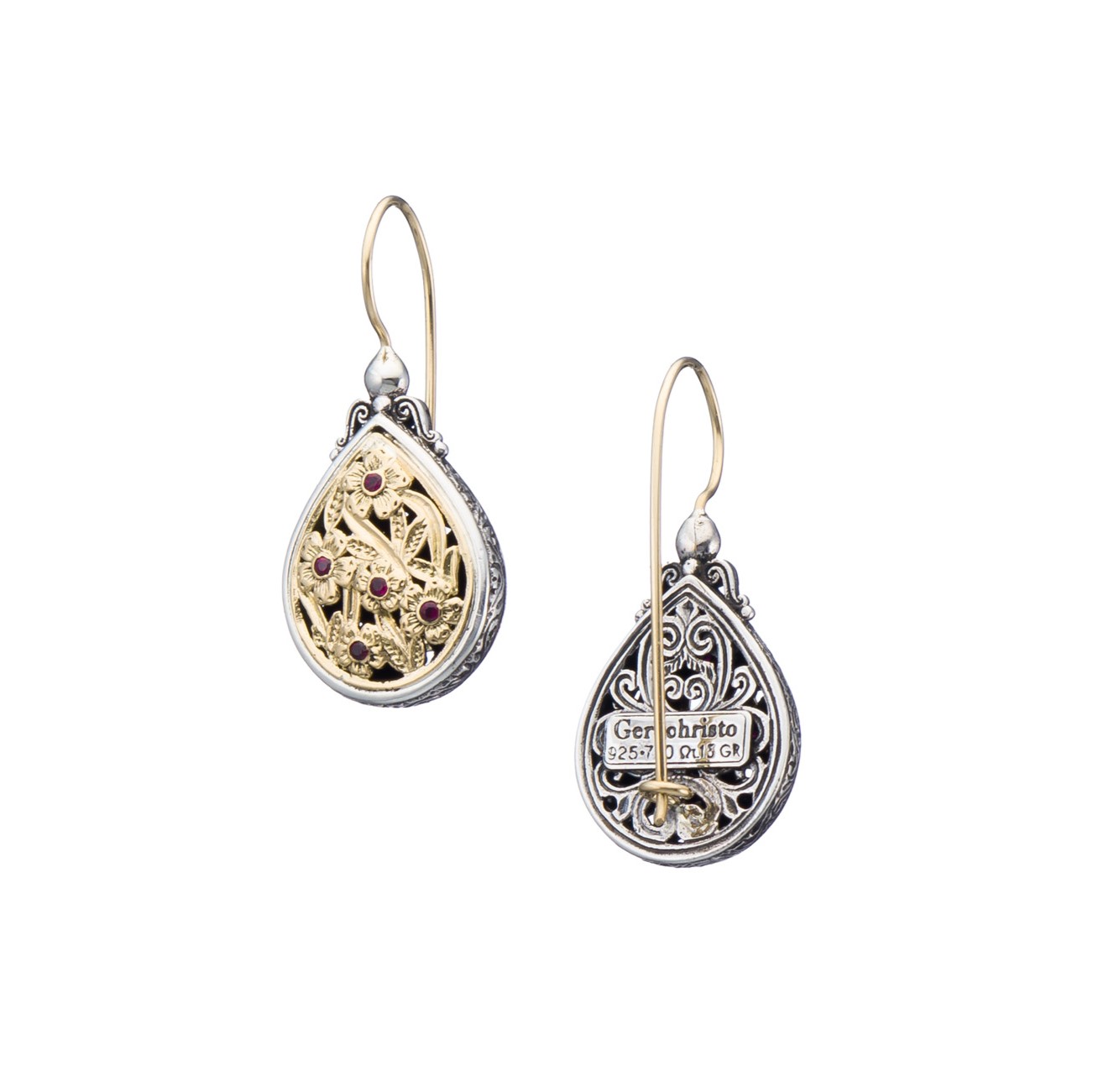 Harmony drop earrings in 18K Gold and sterling silver with rubies
