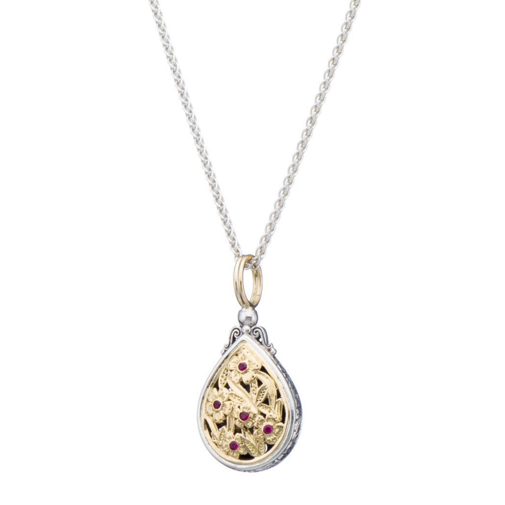 Harmony drop pendant in 18K Gold and sterling silver with rubies