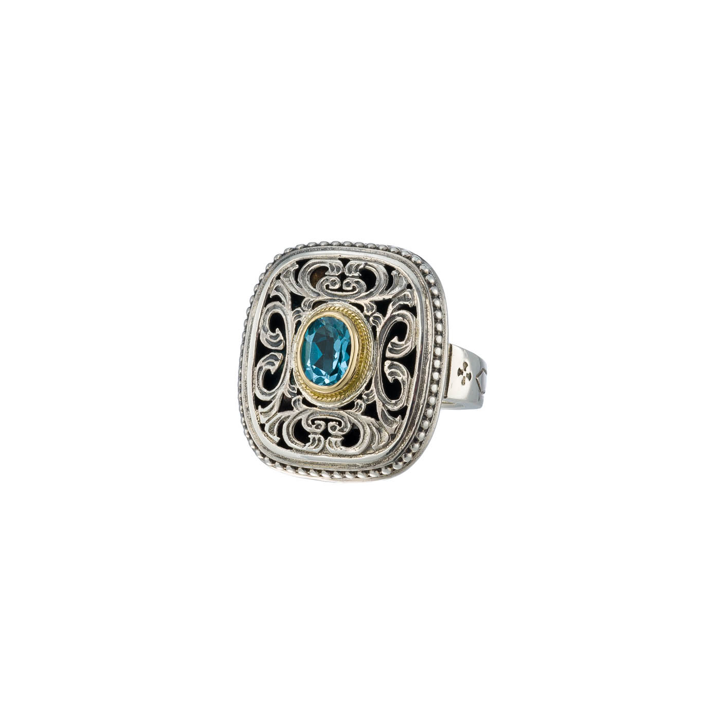 Garden shadows flat ring in 18K Gold and sterling silver with blue topaz