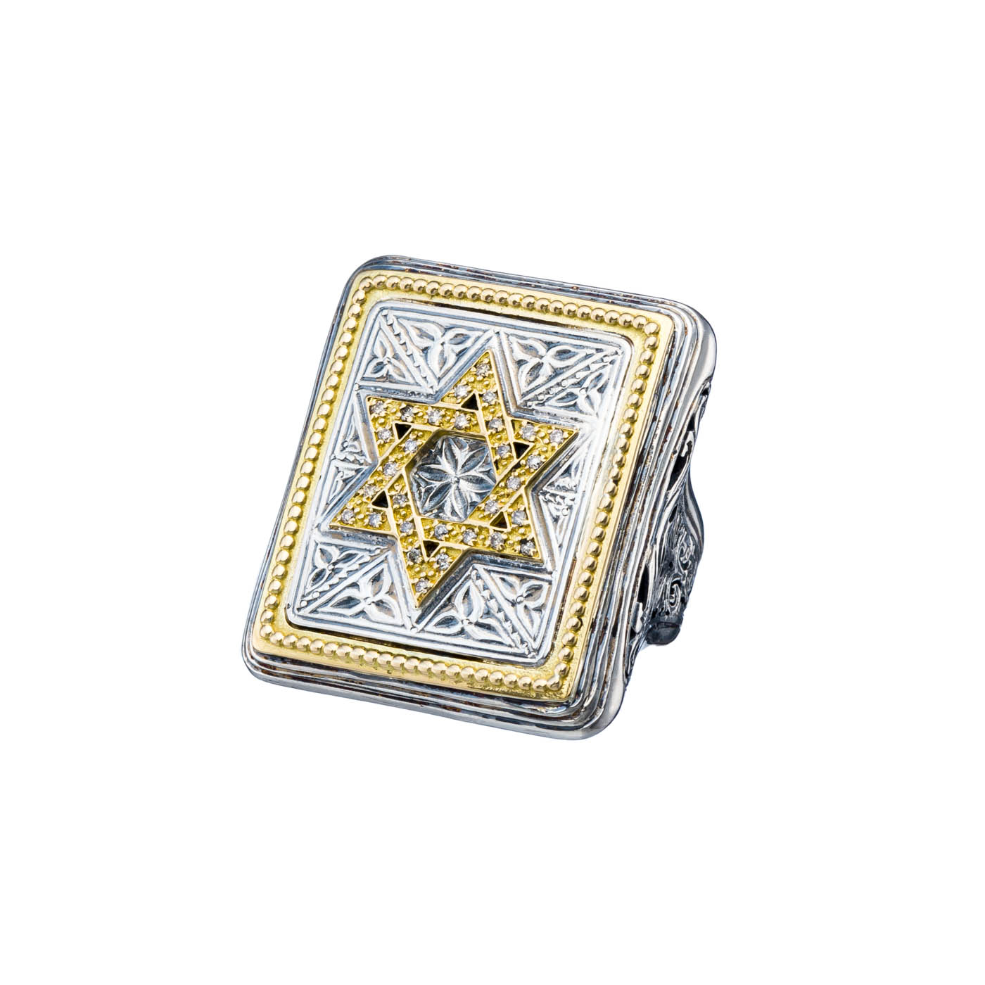 Square Ring Star of David in 18K Gold and sterling silver with Brown Diamonds