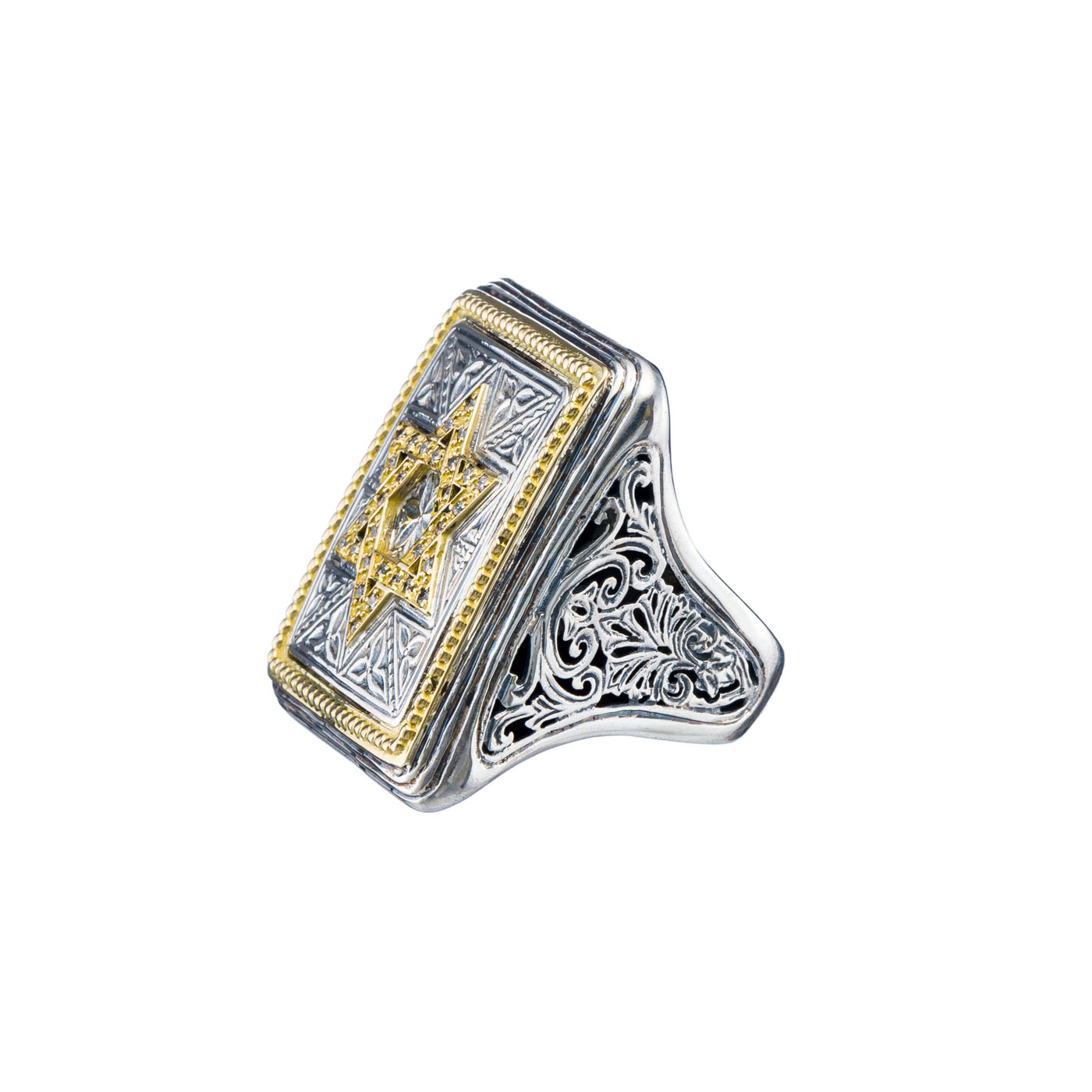 Square Ring Star of David in 18K Gold and sterling silver with Brown Diamonds