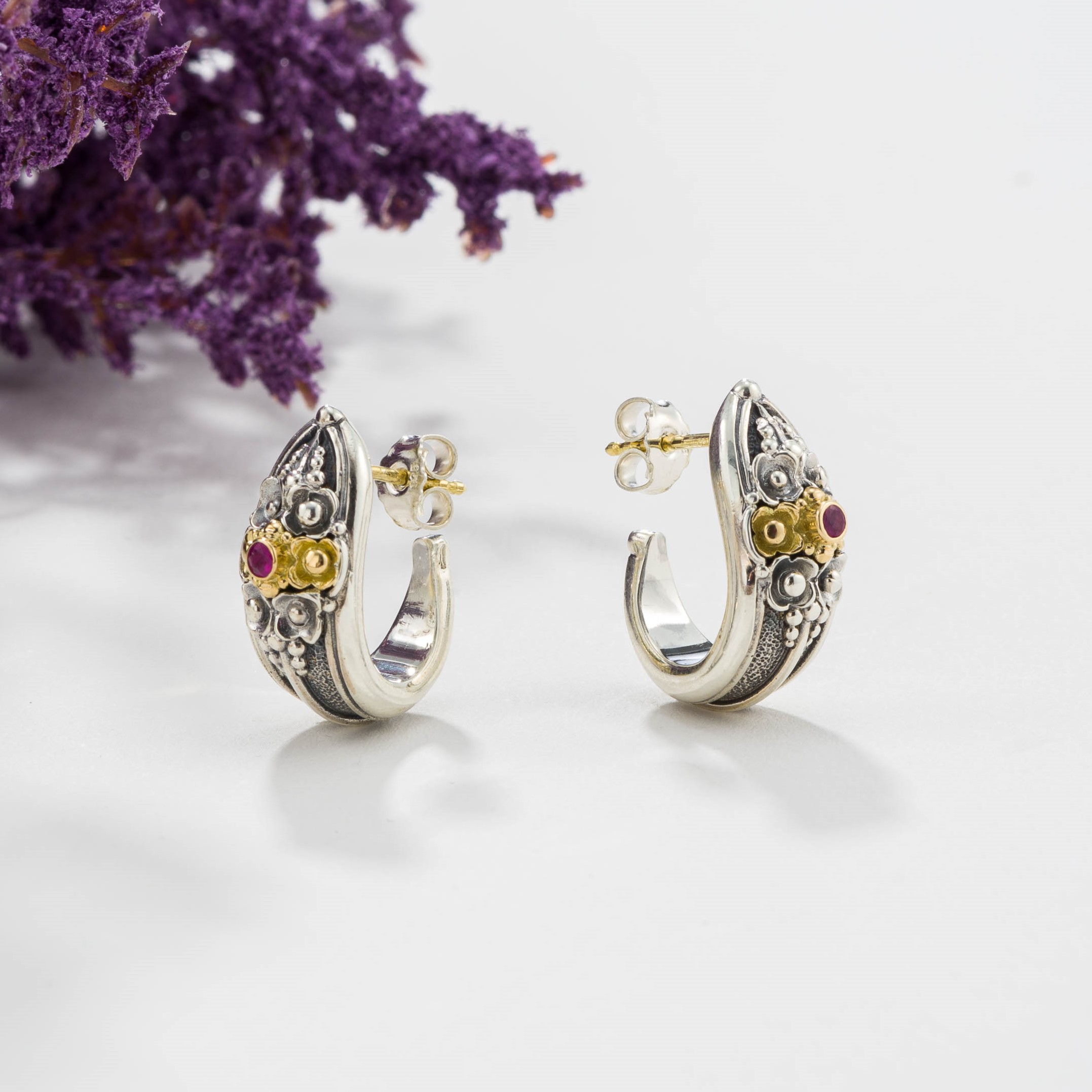 Kassandra half hoops Earrings in 18K Gold and Sterling Silver with Ruby