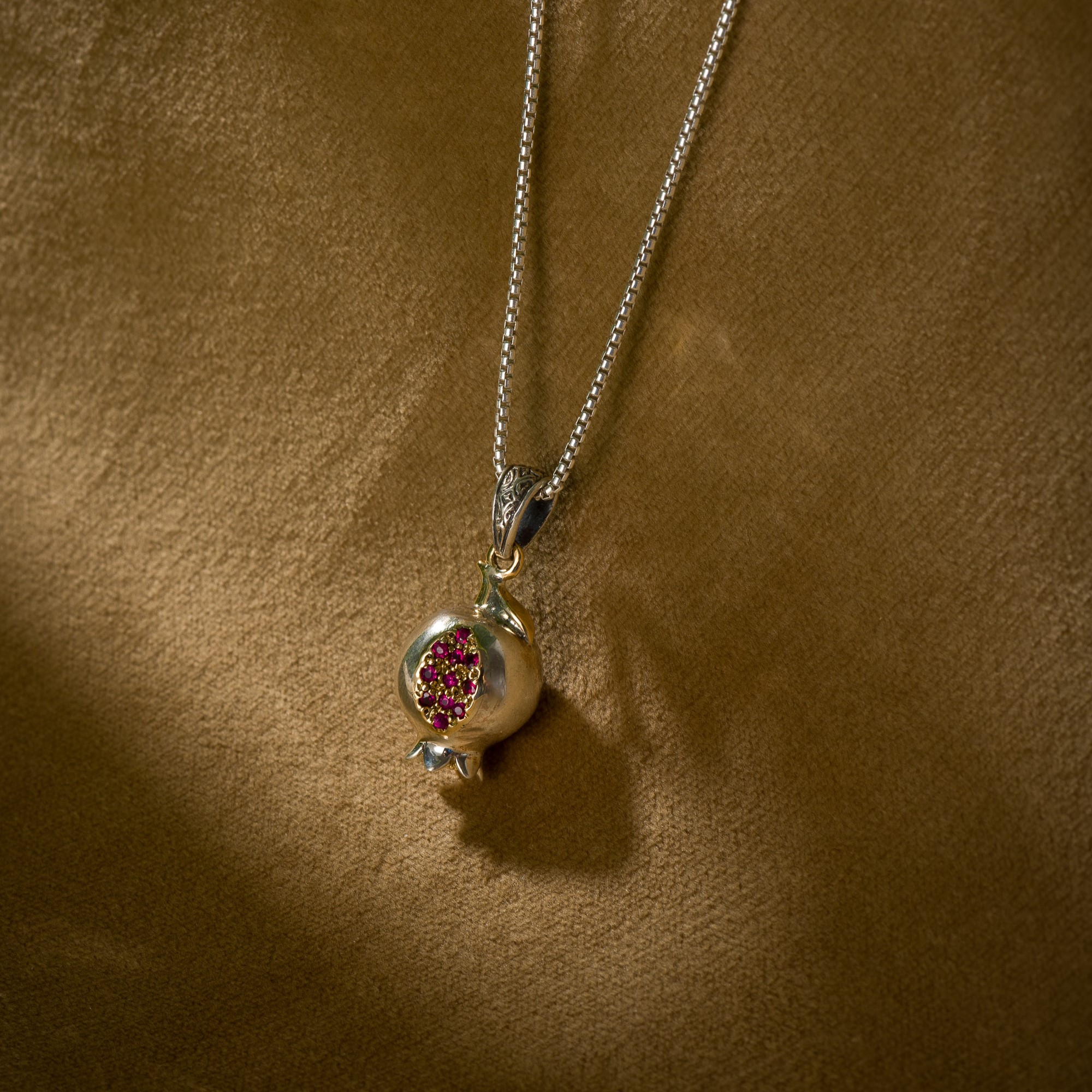 Pomegranate Pendant in 18K Gold and Sterling Silver with Rubies