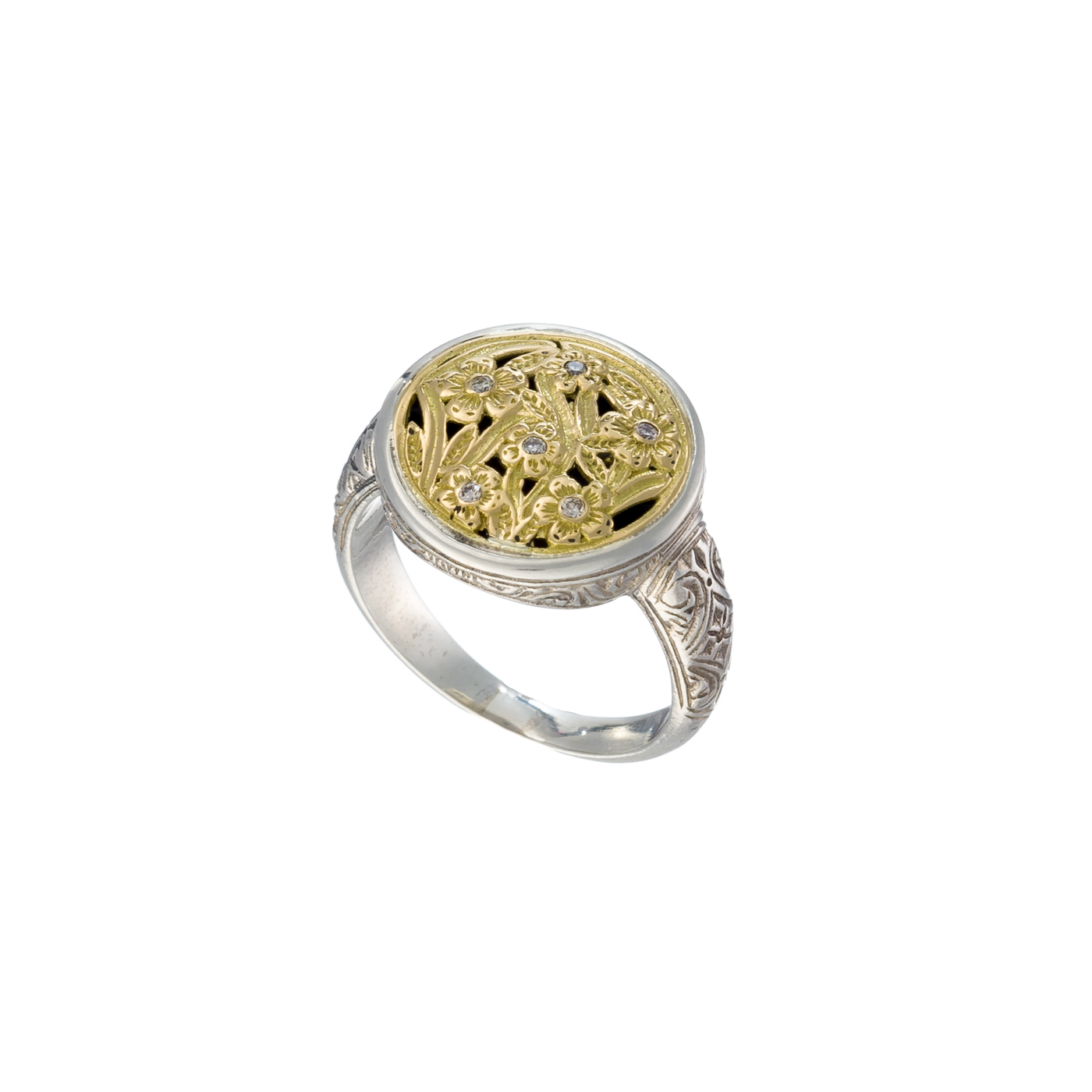 Harmony Round Ring in 18K Gold and Sterling Silver with Brown Diamonds