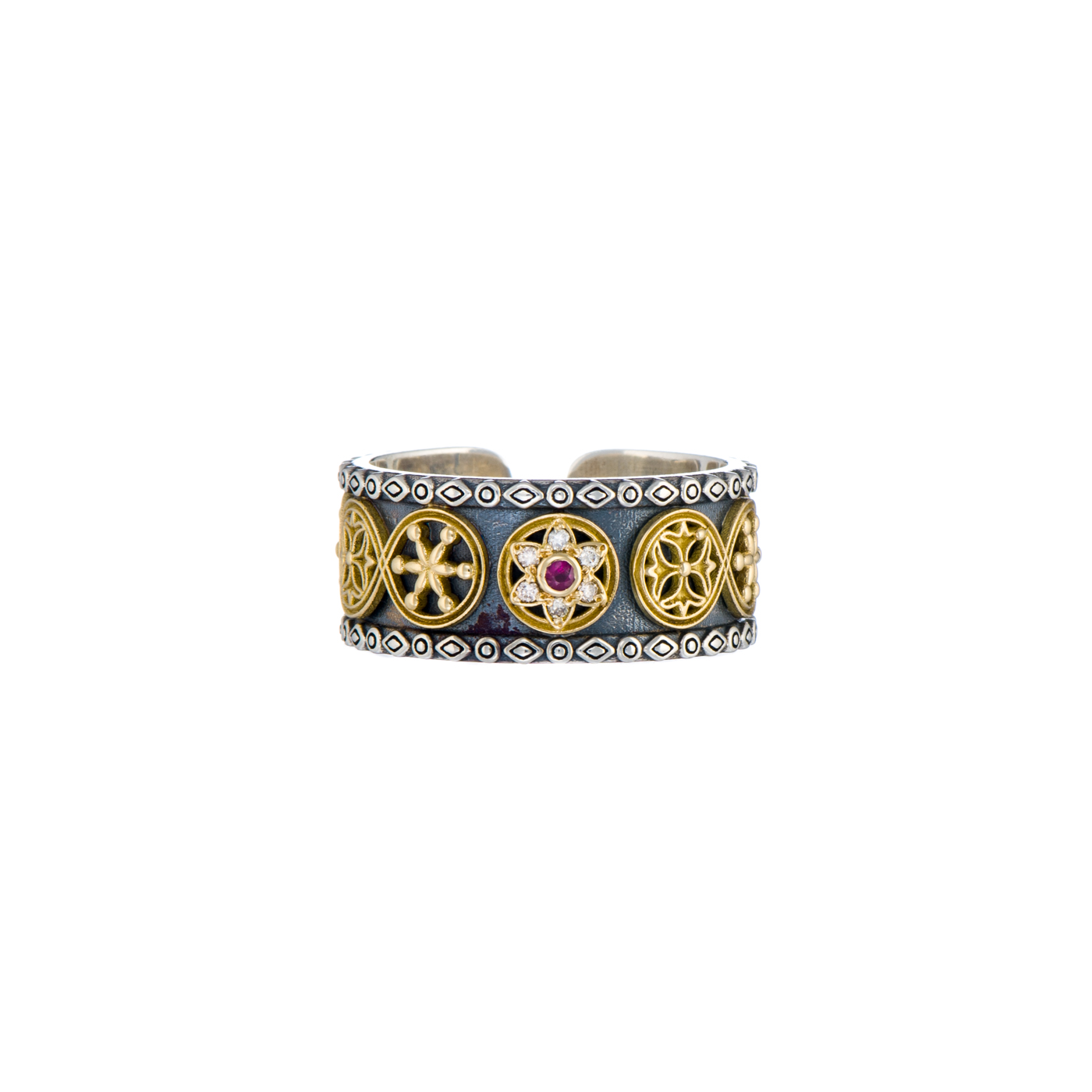 Symbol adjustable Ring in 18K Gold and Sterling silver with precious stones