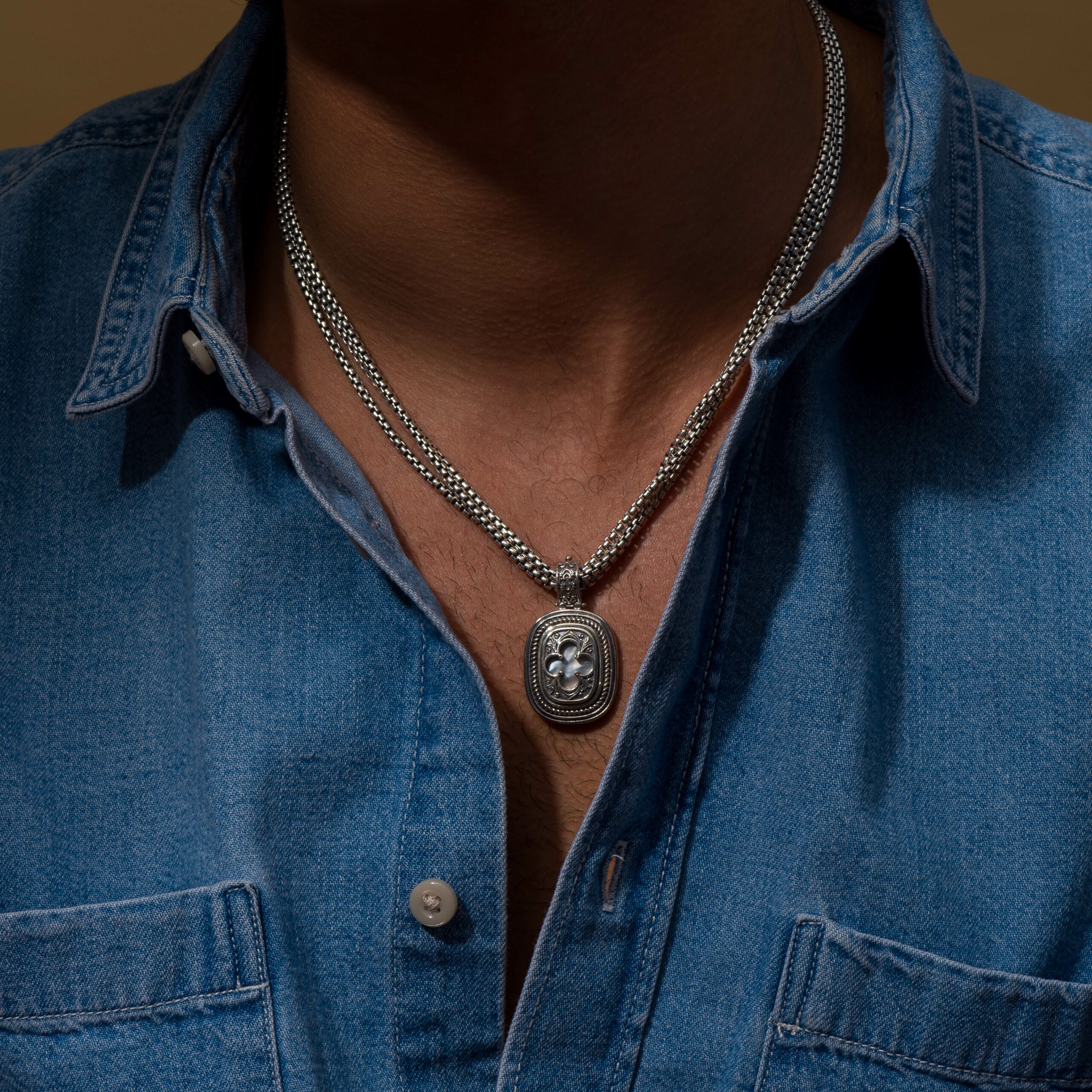 Triple Box Chain Necklace with Odysseus Pendant in Sterling Silver with Semi Precious Stone