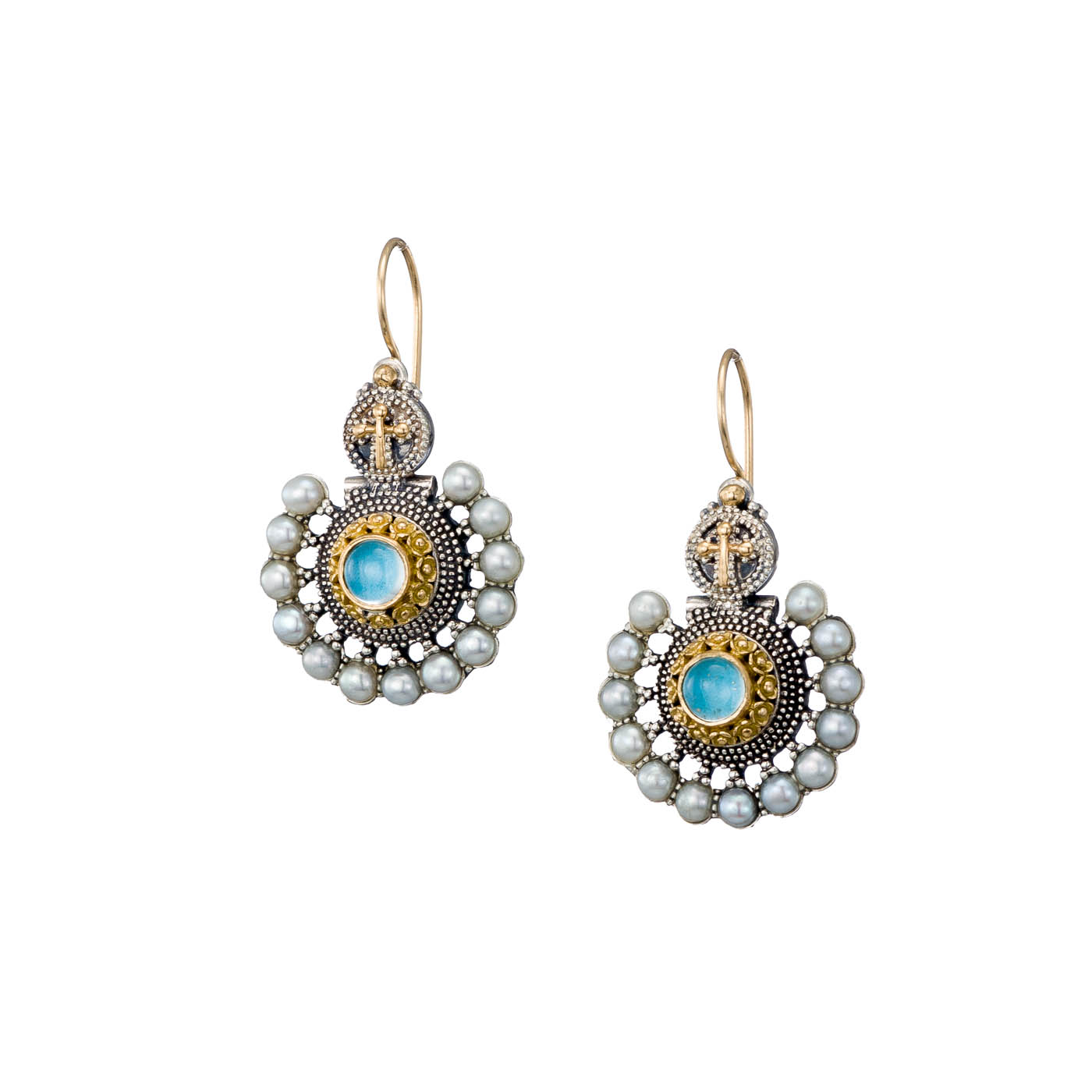 Athenian Flower Peacock Earrings in 18K Gold and Sterling Silver with Aquamarine
