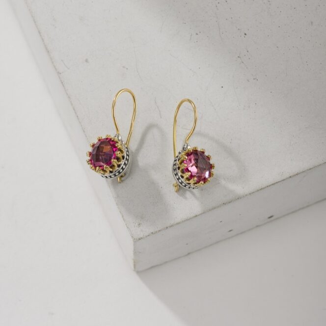 Crown small round earrings in 18K Gold and Sterling Silver with Semi precious Stones