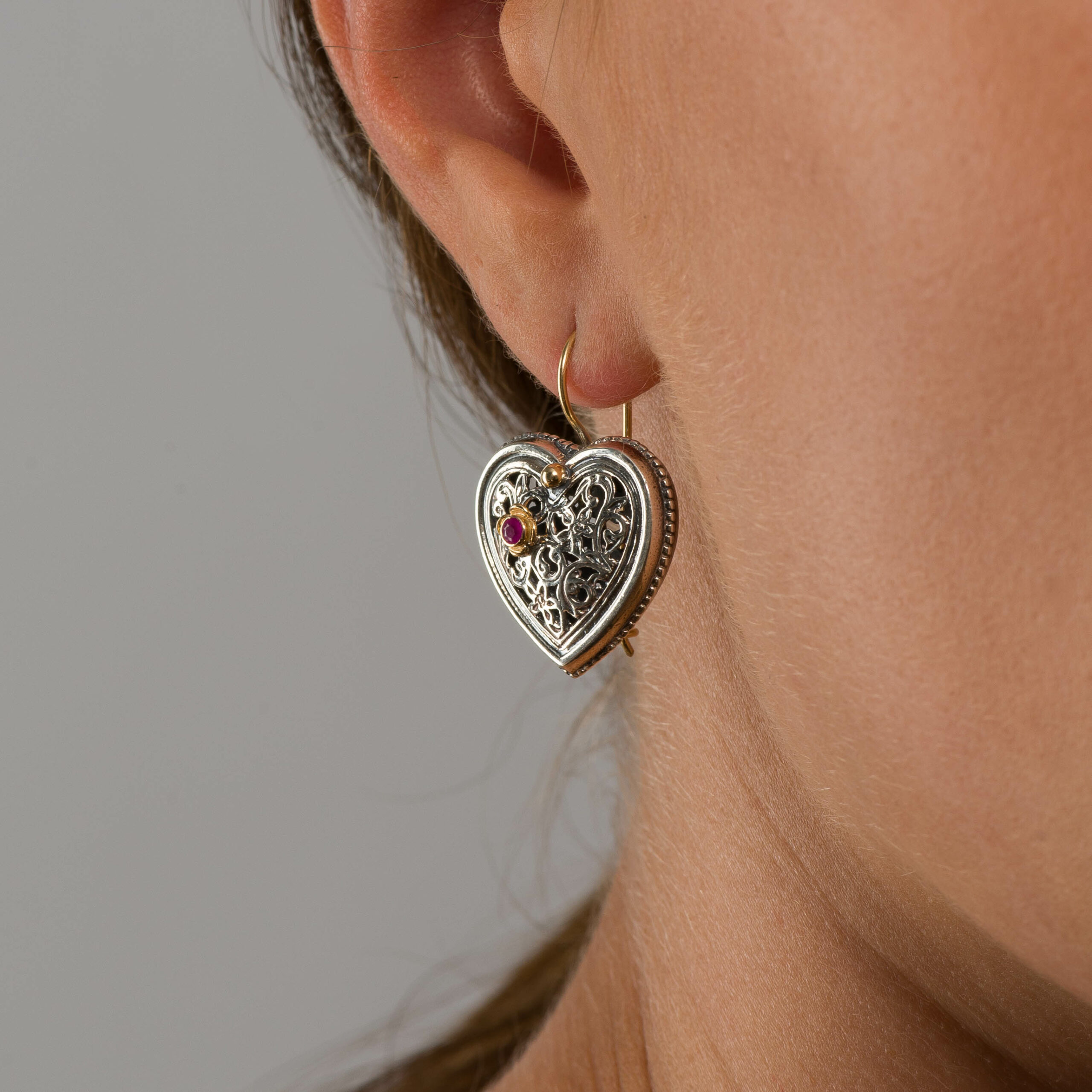 Garden Shadows Heart Earrings in 18K Gold and Sterling Silver with Ruby