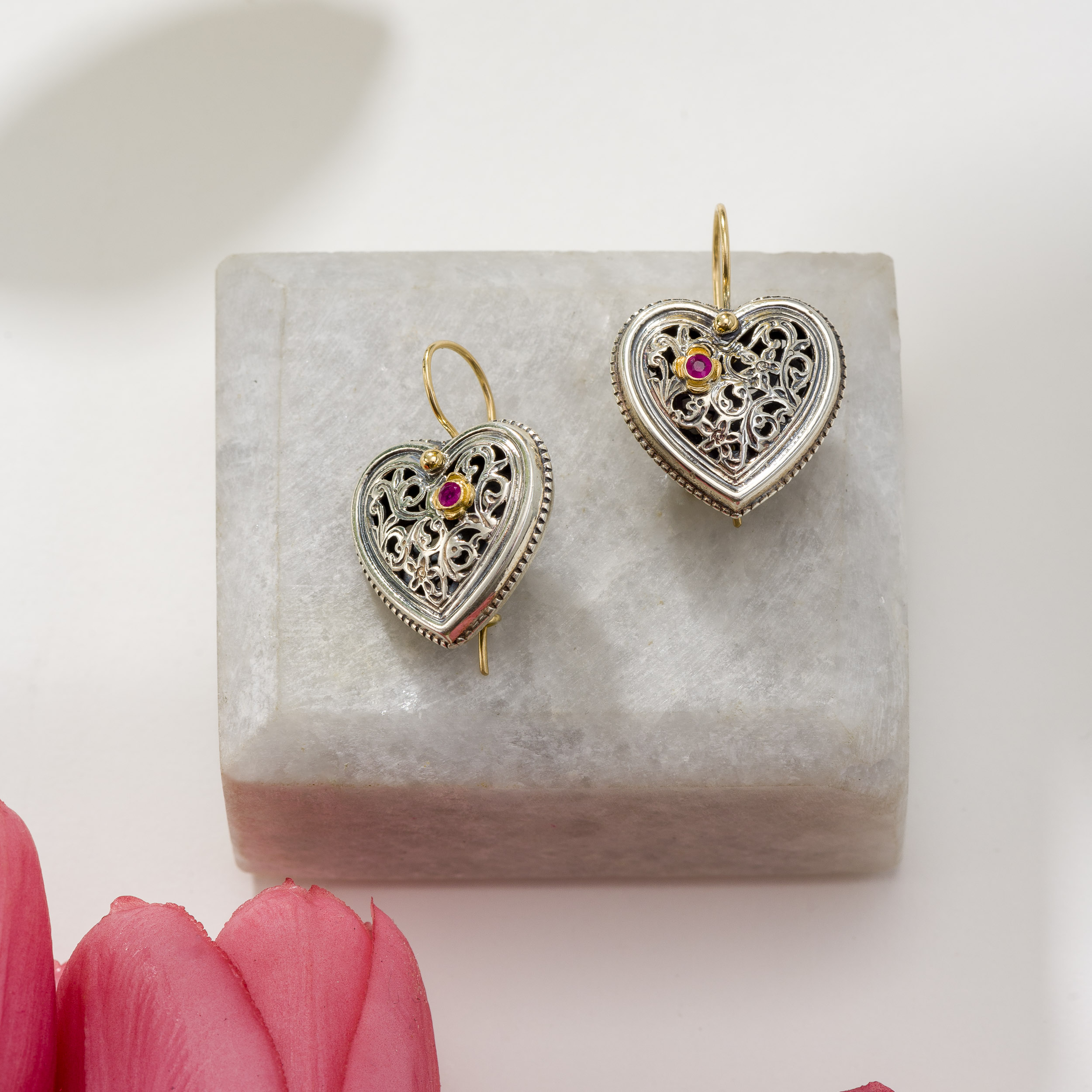 Garden Shadows Heart Earrings in 18K Gold and Sterling Silver with Ruby