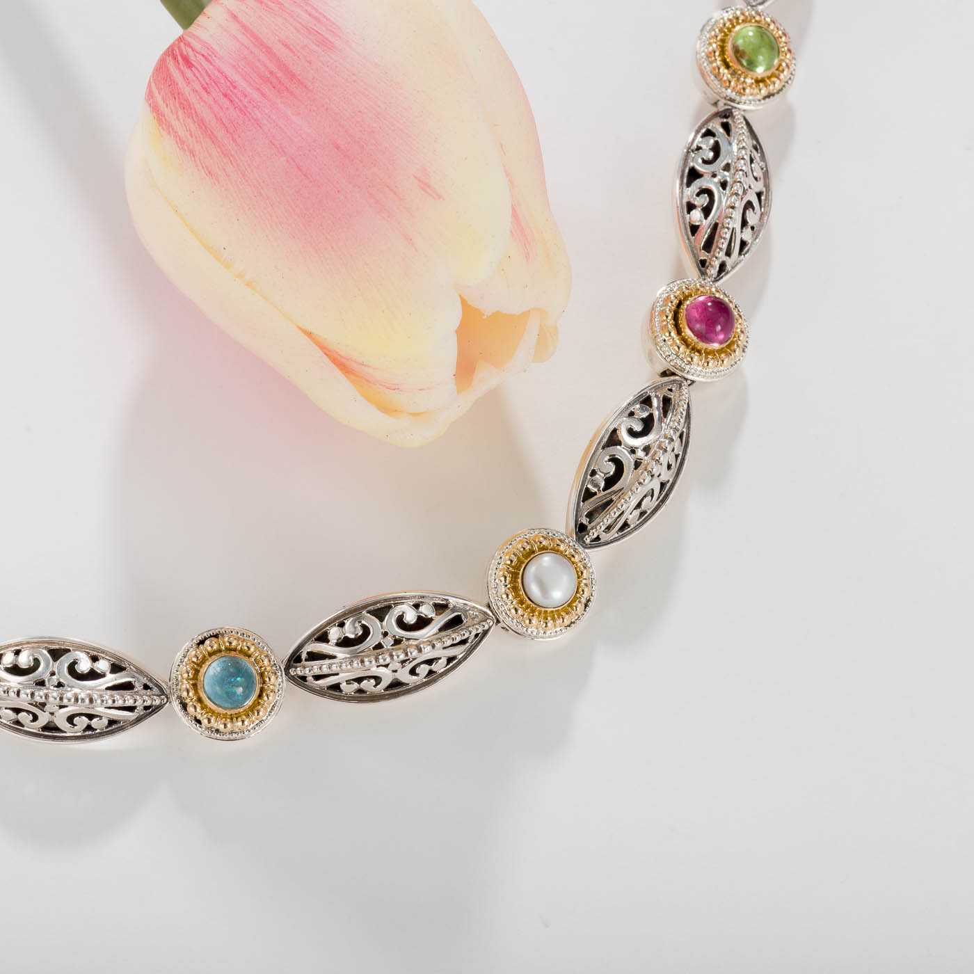 Athenian Flower Necklace in 18K Gold and Sterling Silver with Semi precious stones