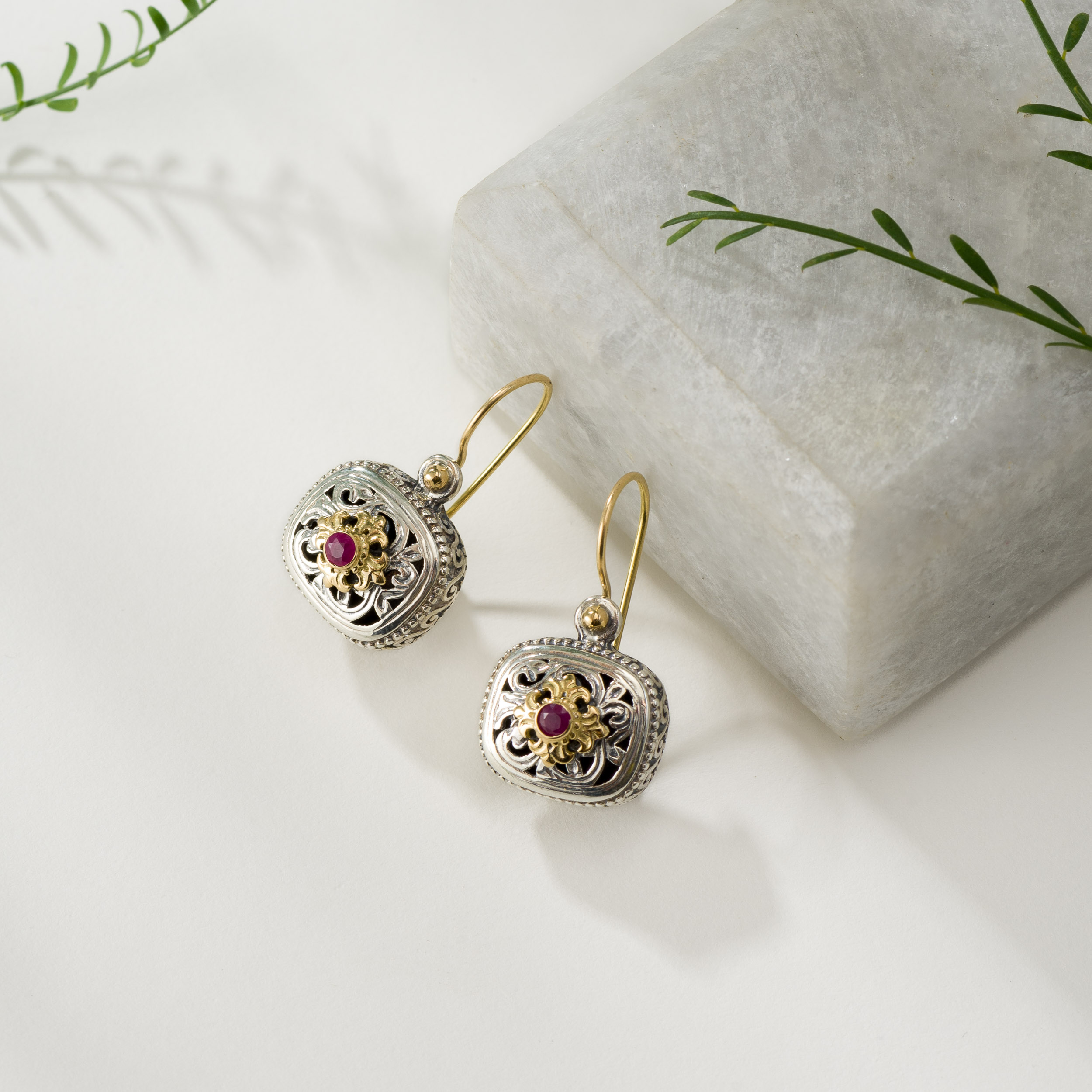 Garden Shadows Cushion Earrings in 18K Gold and Sterling Silver with Ruby