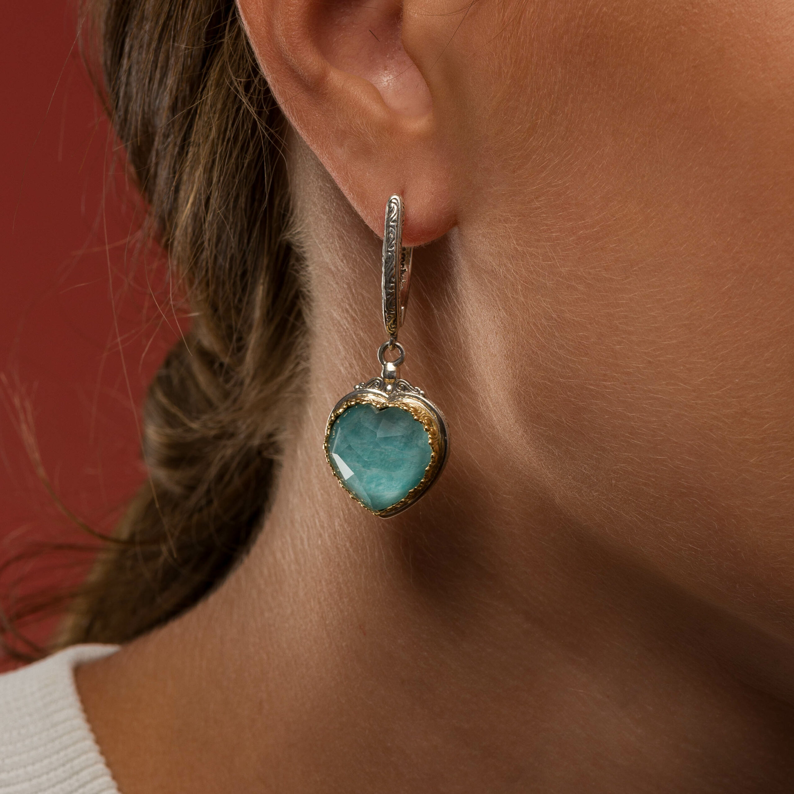 Iris Heart earrings in 18K Gold and Sterling Silver with amazonite
