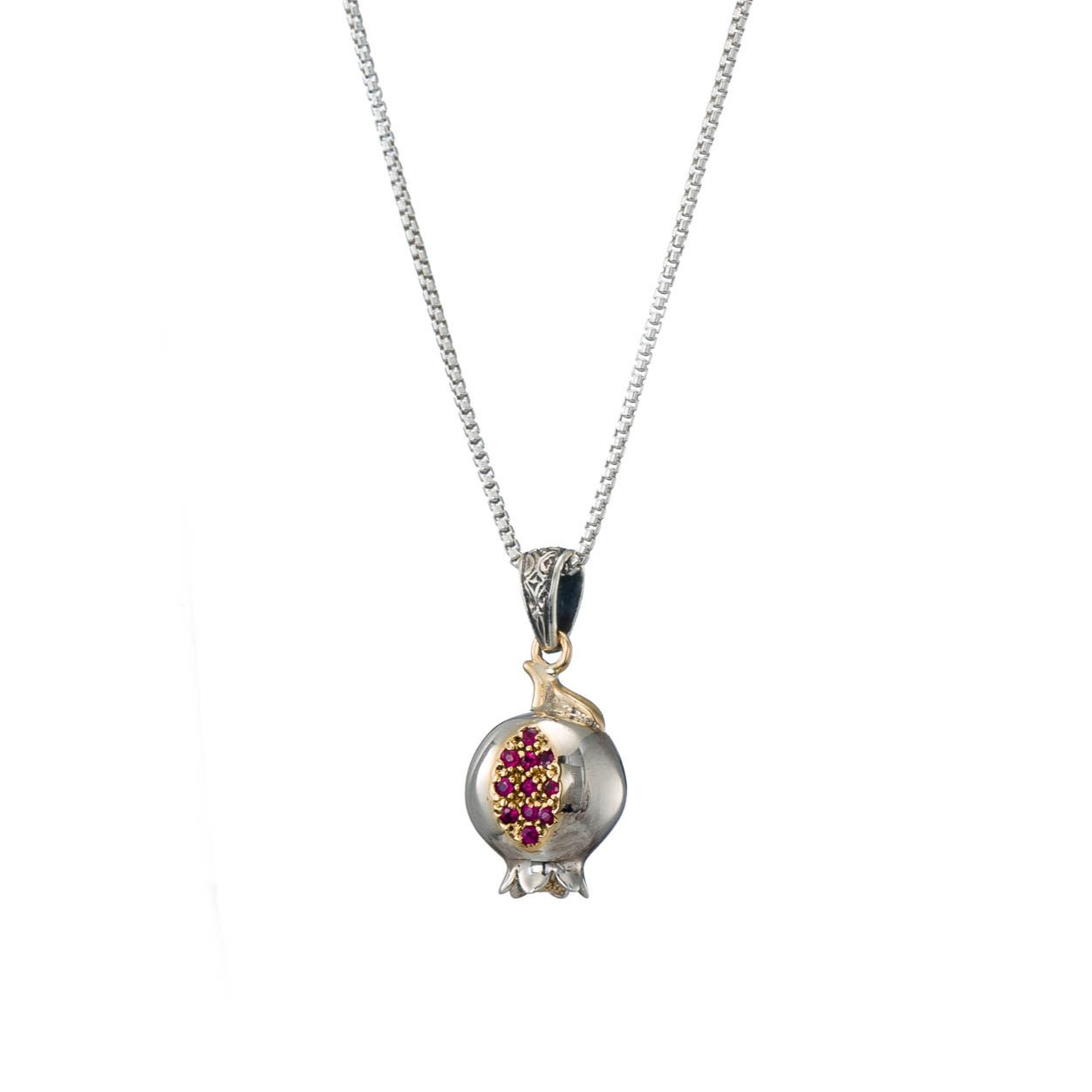 Pomegranate Pendant in 18K Gold and Sterling Silver with Rubies
