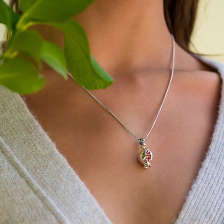 Pomegranate Pendant in 18K Gold and Sterling Silver with Rubies