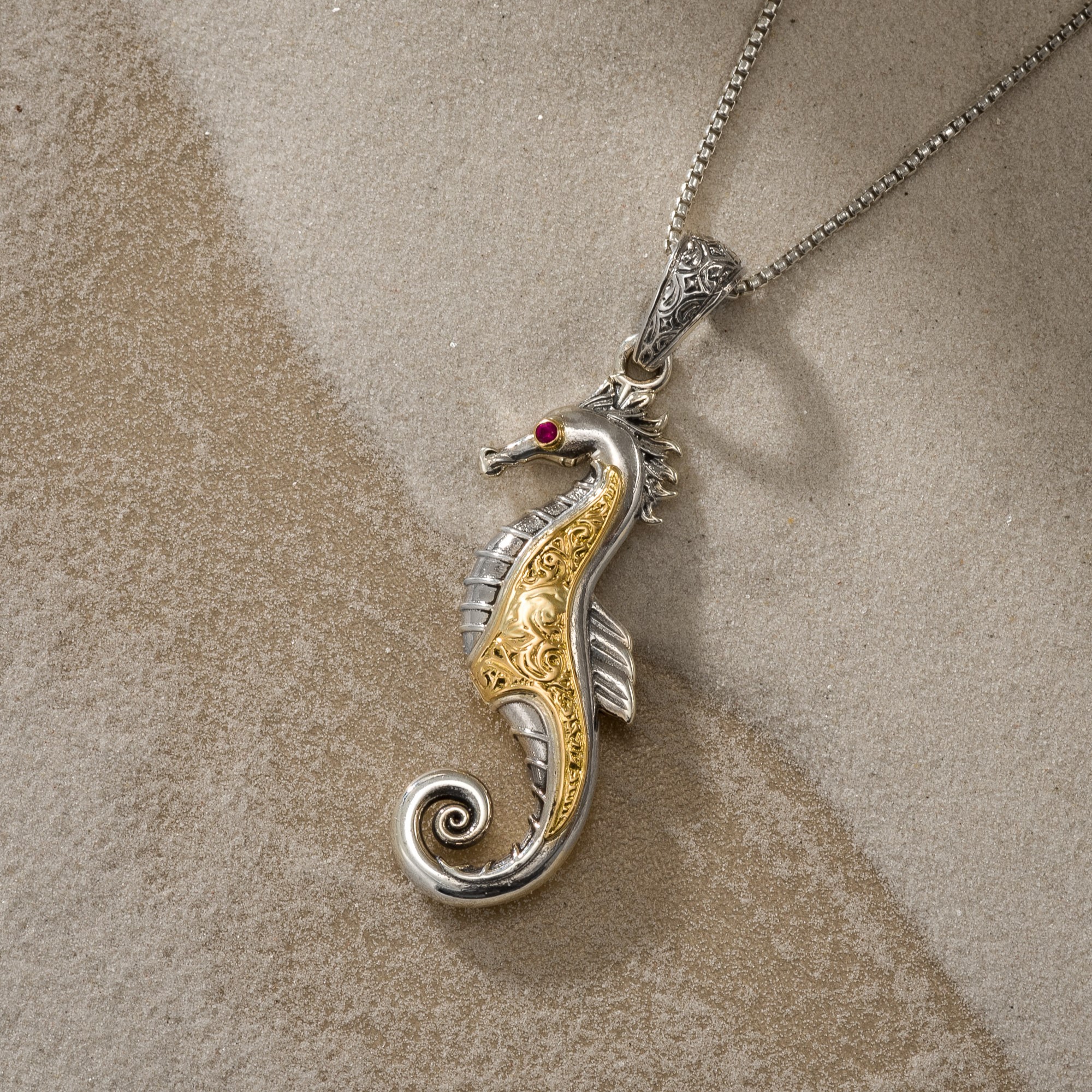 Sea Horse Pendant in 18K Gold and Sterling Silver with Precious Stones