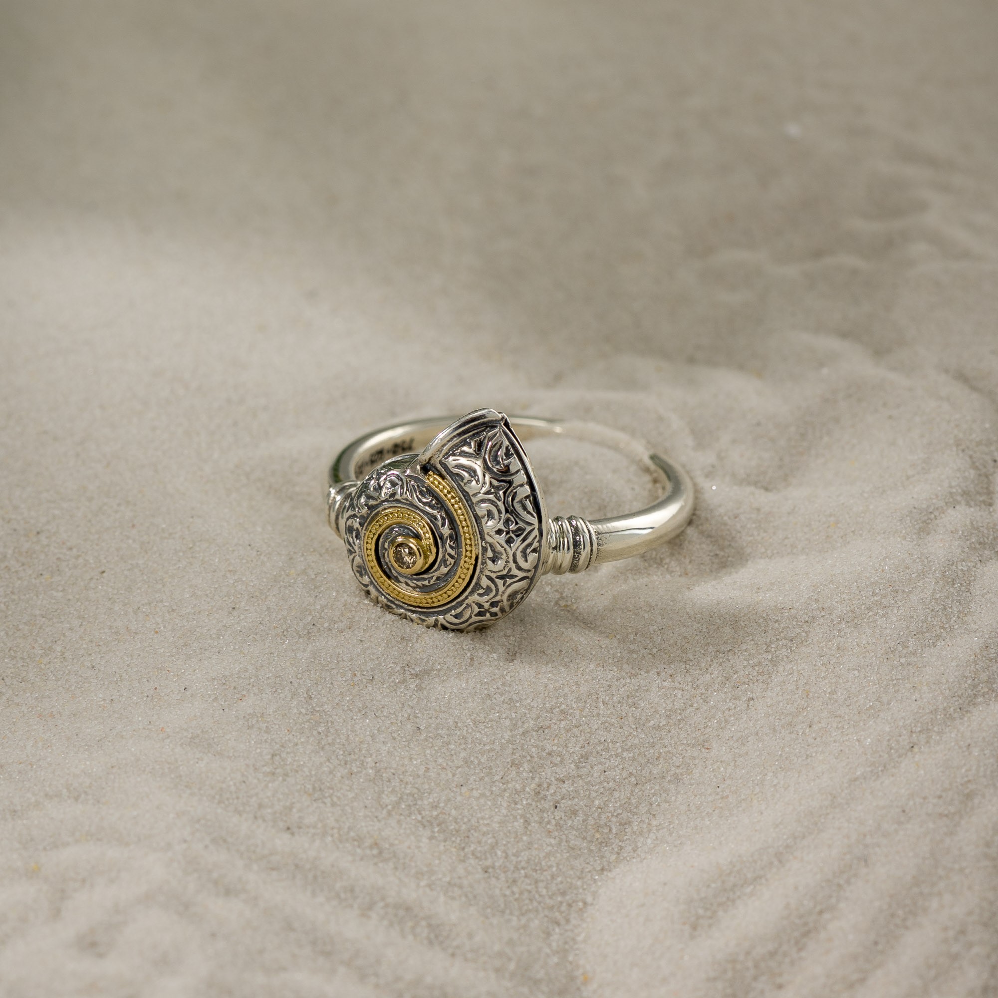 Sea Snail Ring in 18K Gold and Sterling Silver with Brown Diamond