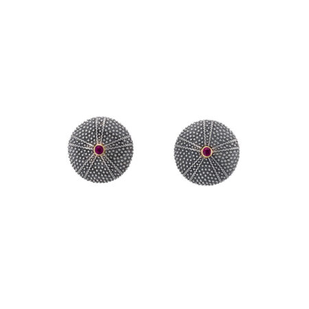 Sea Urchin stud Earrings in 18K Gold and Sterling Silver with Rubies - Image 3