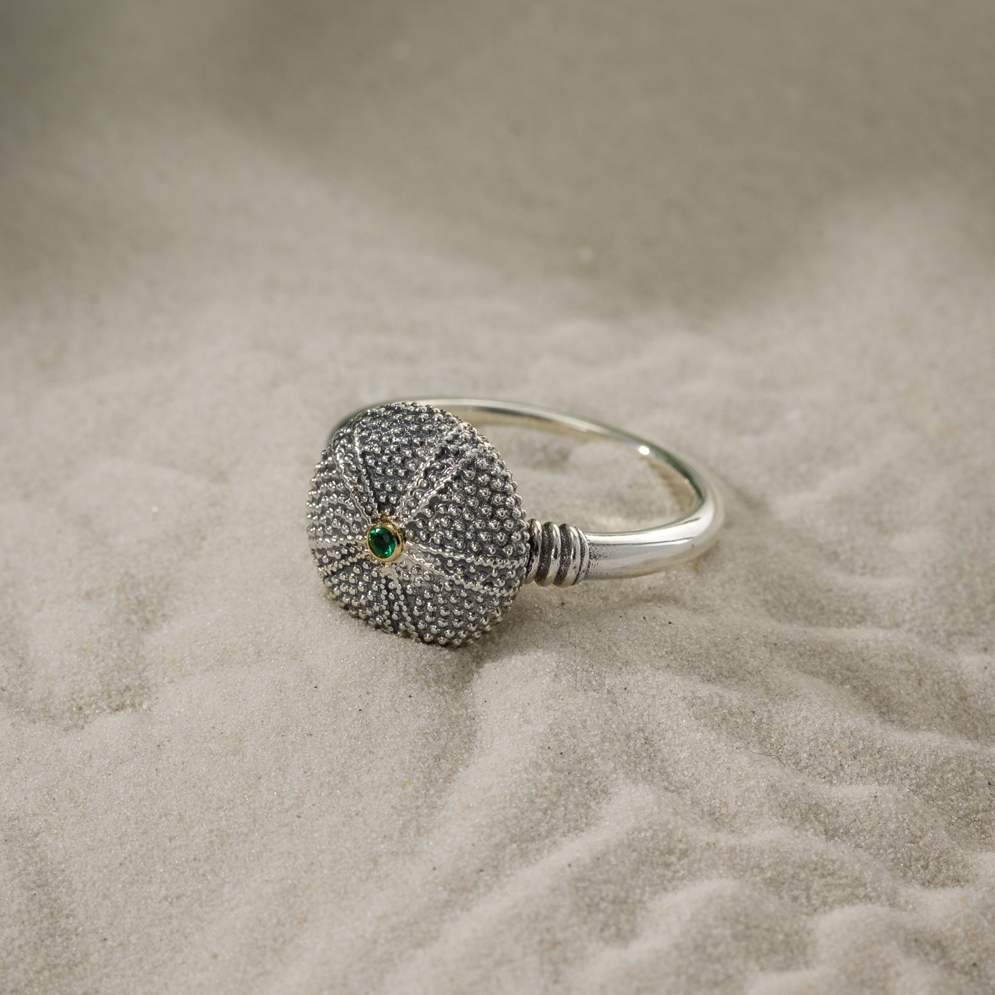 Sea Urchin Ring in Sterling Silver with 18K Gold detail and Tsavorite