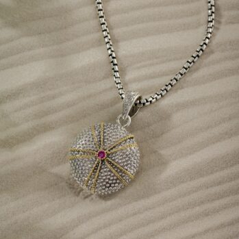 Sea Urchin Locket Pendant in 18K Gold and Sterling Silver with ruby