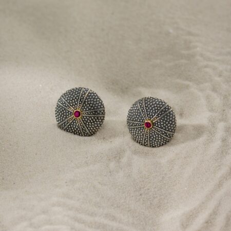 Sea Urchin stud Earrings in 18K Gold and Sterling Silver with Rubies - Image 2