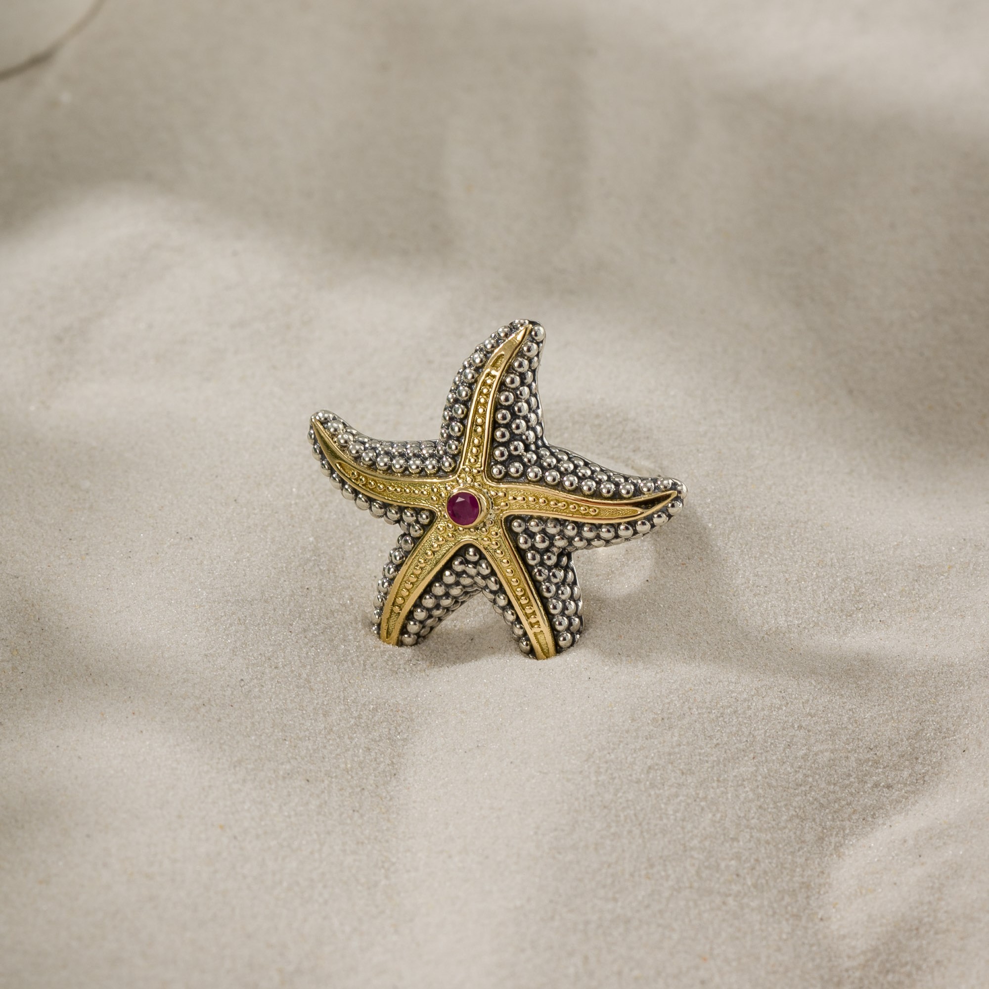 Starfish big Ring in 18K Gold and Sterling Silver with Gemstone