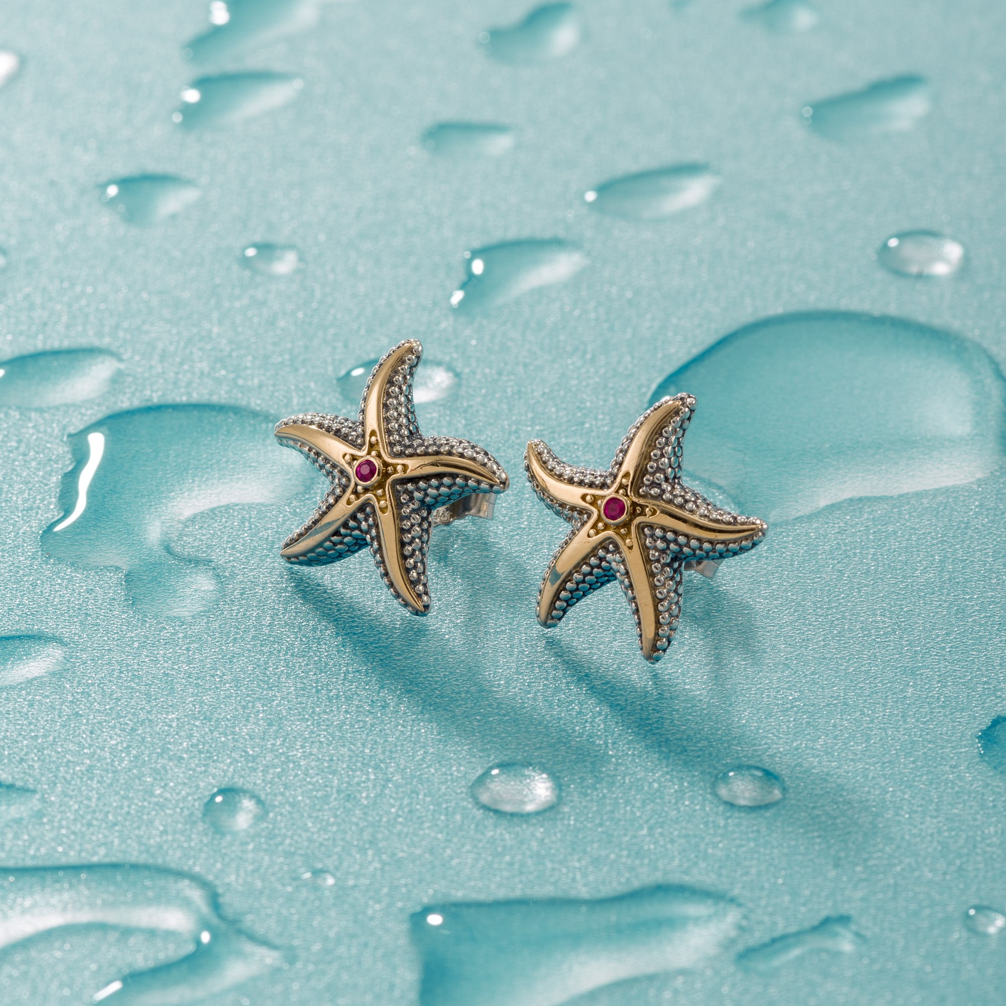 Starfish big stud Earrings in 18K Gold and Sterling Silver with Brown Diamonds