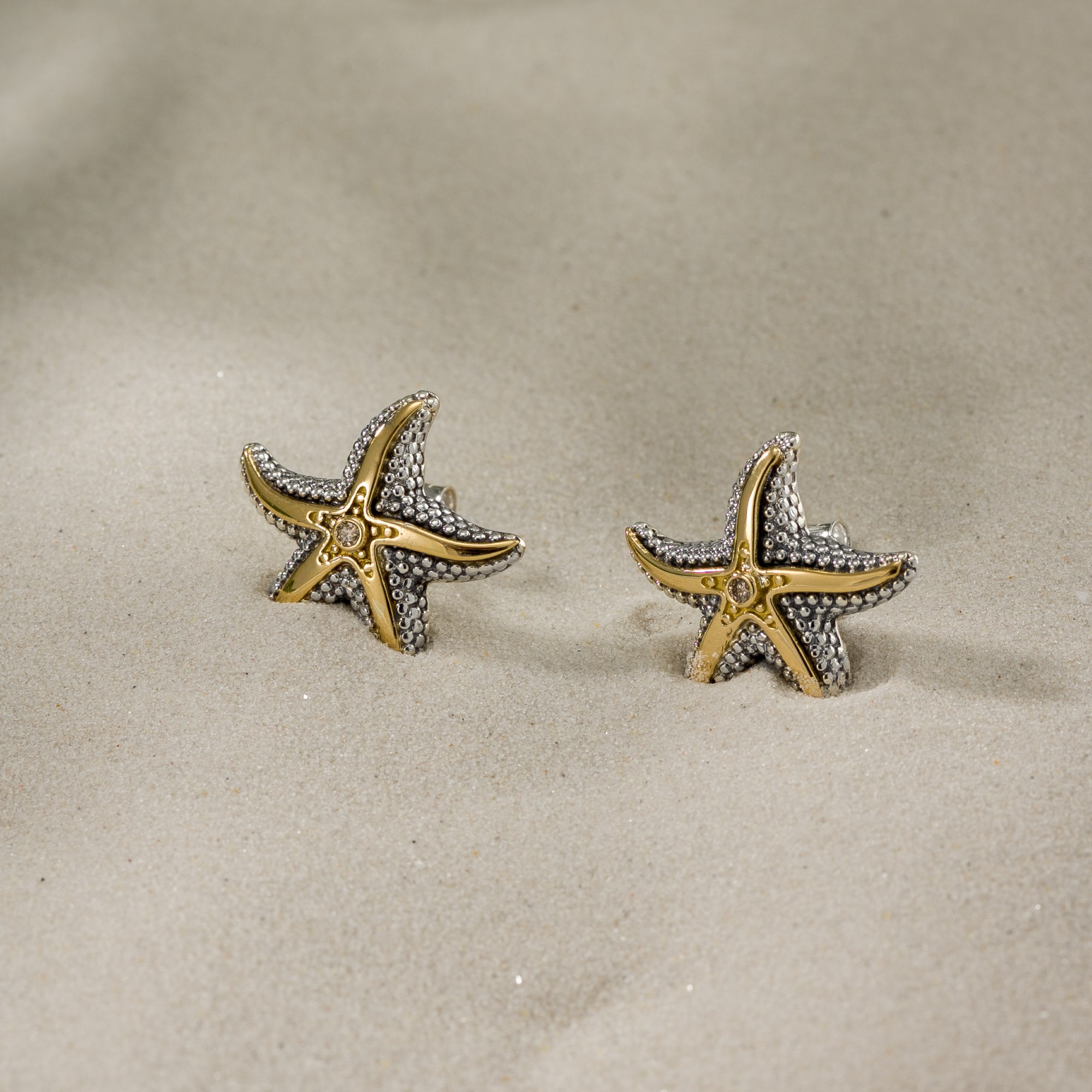 Starfish big stud Earrings in 18K Gold and Sterling Silver with Brown Diamonds