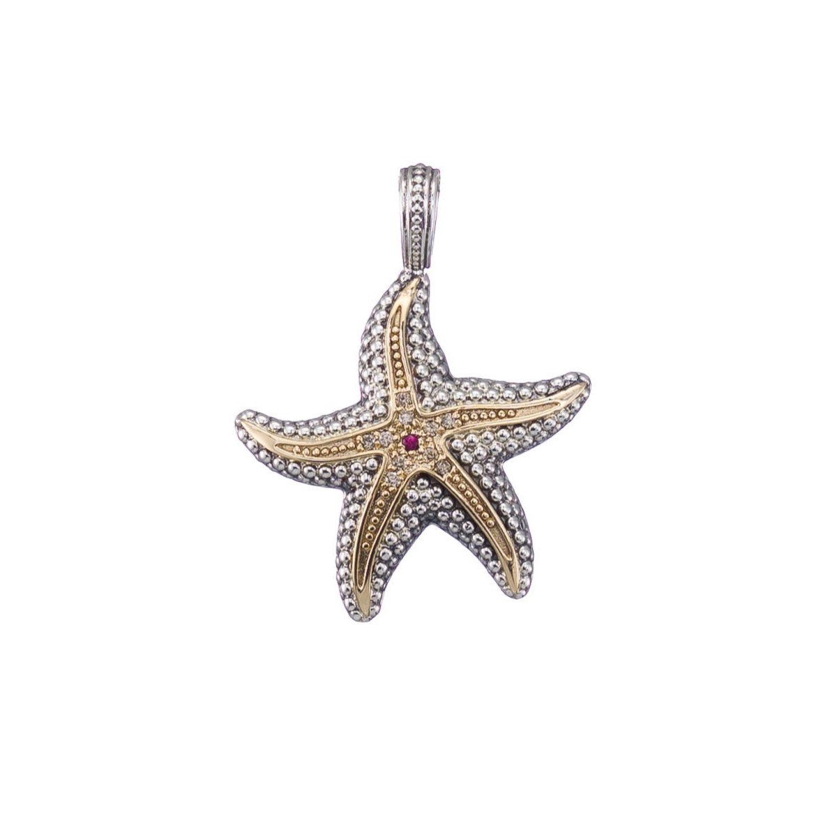 Starfish Pendant in 18K solid Yellow Gold and Sterling Silver with Precious stones