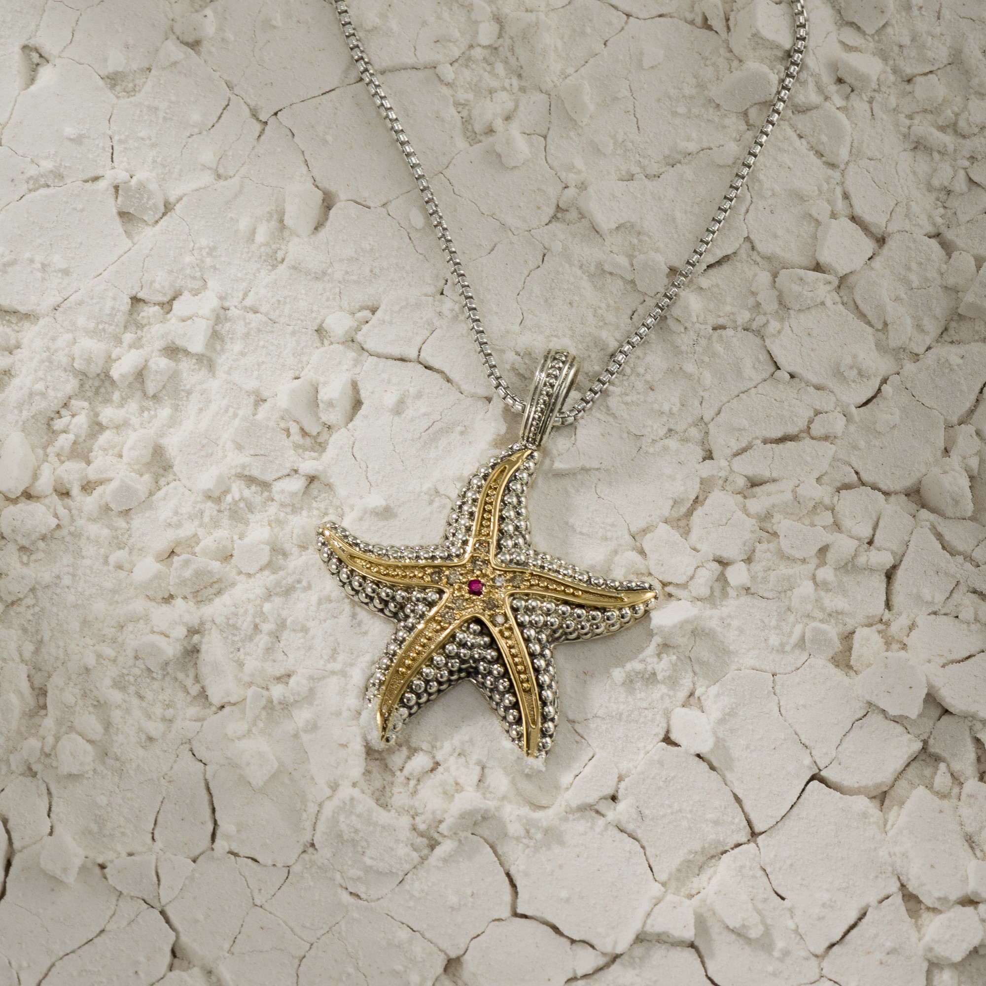 Starfish Pendant in 18K solid Yellow Gold and Sterling Silver with Precious stones